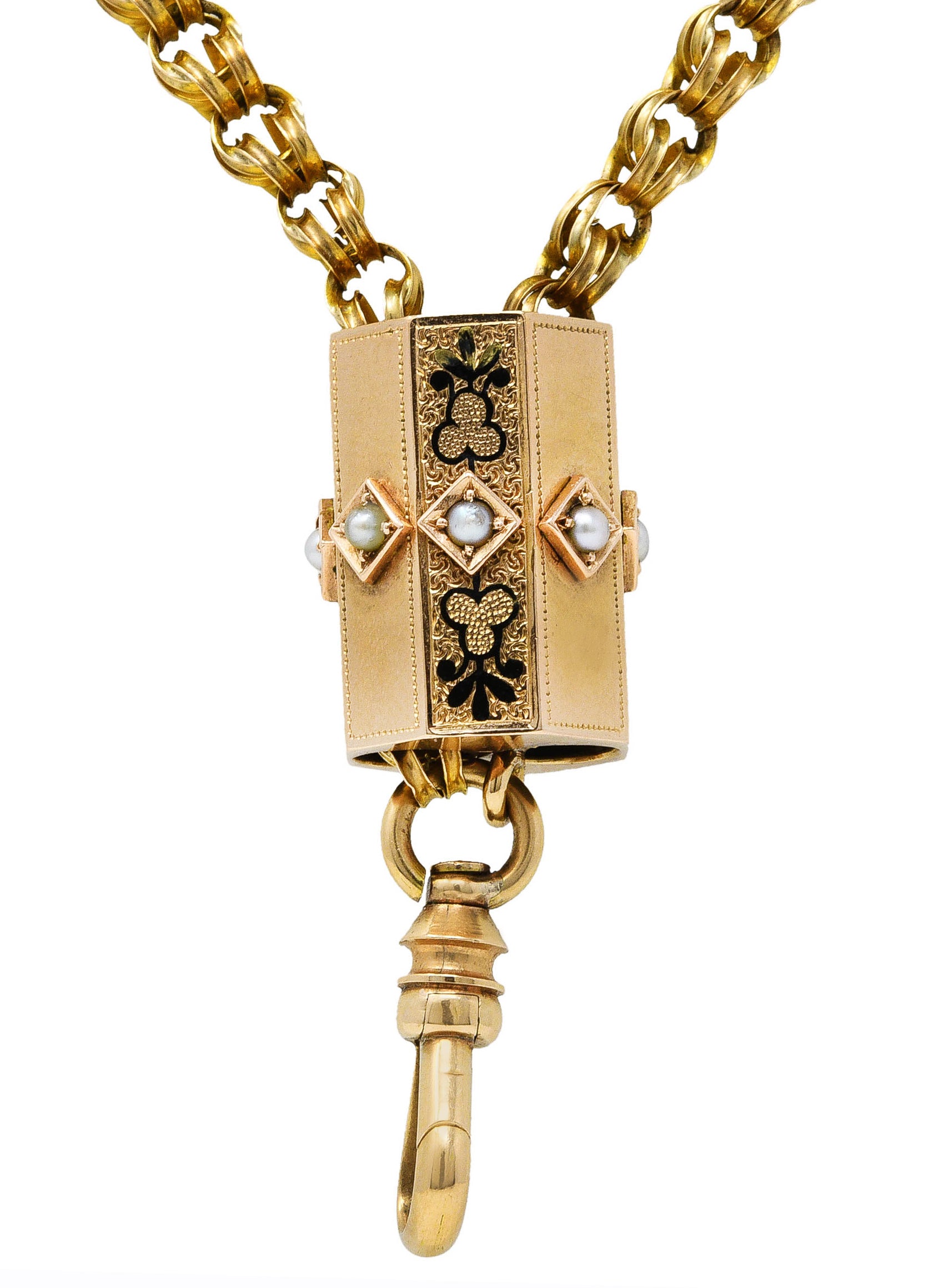 Victorian Pearl Enamel 14 Karat Gold Faceted Trefoil Slide Pendant Chain Necklace Wilson's Estate Jewelry