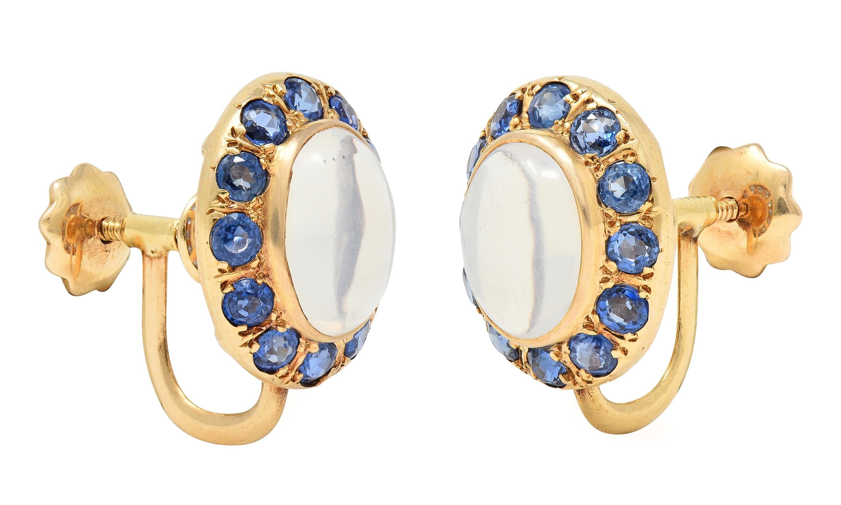 Retro Sapphire Moonstone 14 Karat Gold Vintage Screw-Back Earrings