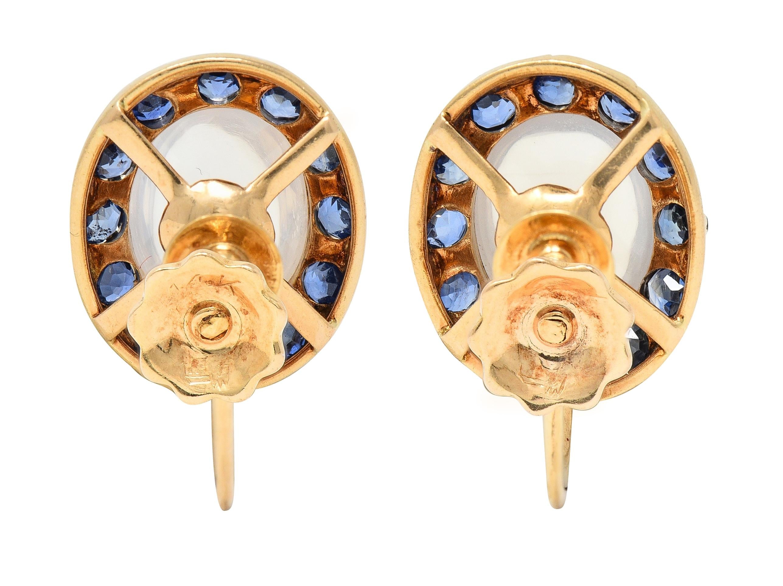 Retro Sapphire Moonstone 14 Karat Gold Vintage Screw-Back Earrings