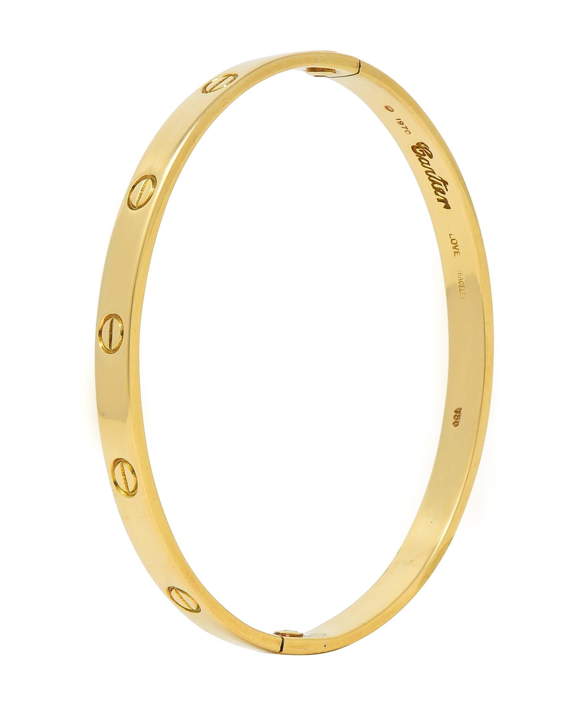 Cartier Aldo Cipullo 1970s 18 Karat Yellow Gold Love Bangle Bracelet