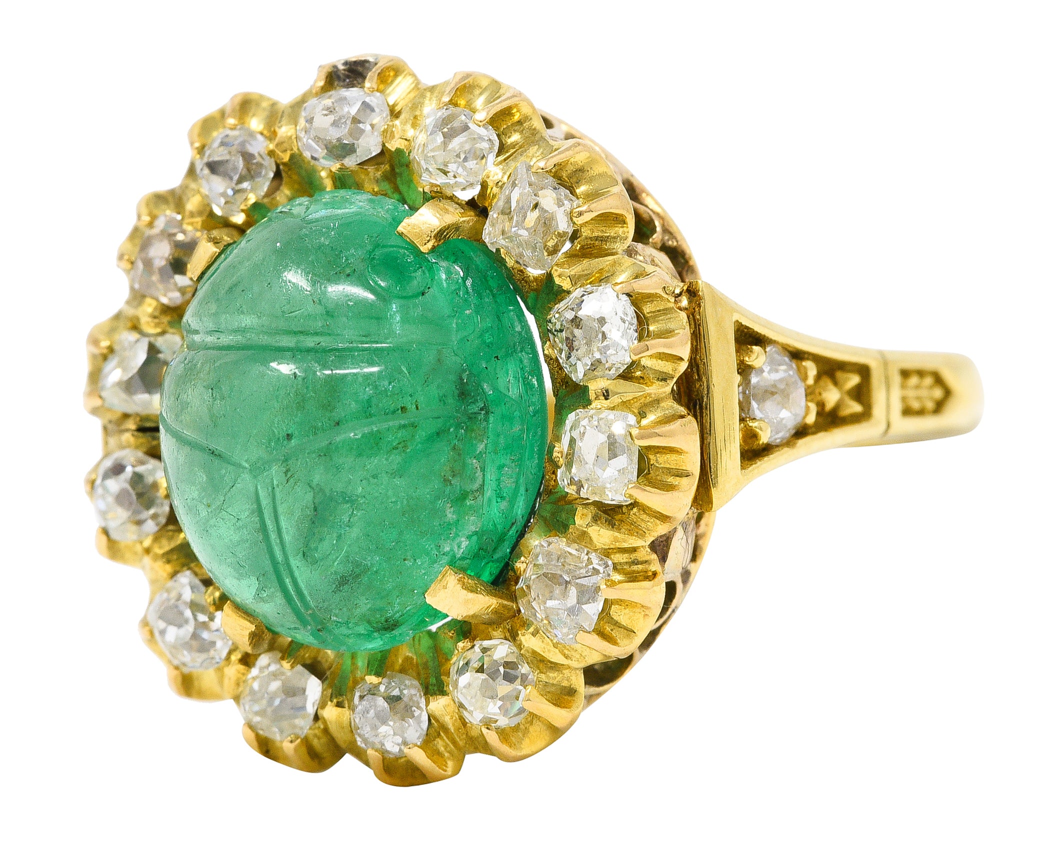 Vintage Egyptian Revival 7.80 CTW Carved Emerald Diamond 18 Karat Yellow Gold Cluster Gemstone Scarab Ring Wilson's Estate Jewelry