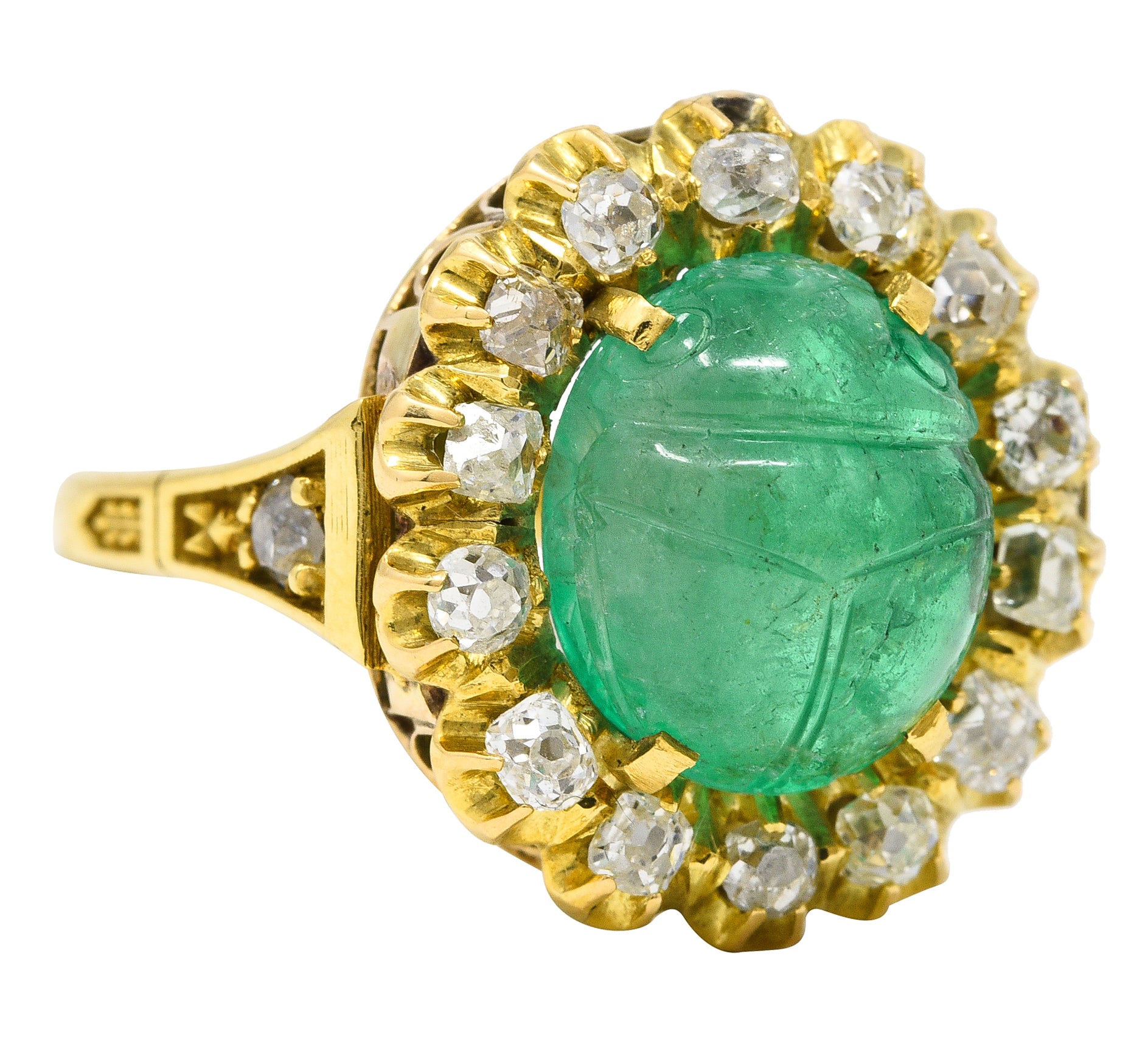 Vintage Egyptian Revival 7.80 CTW Carved Emerald Diamond 18 Karat Yellow Gold Cluster Gemstone Scarab Ring Wilson's Estate Jewelry