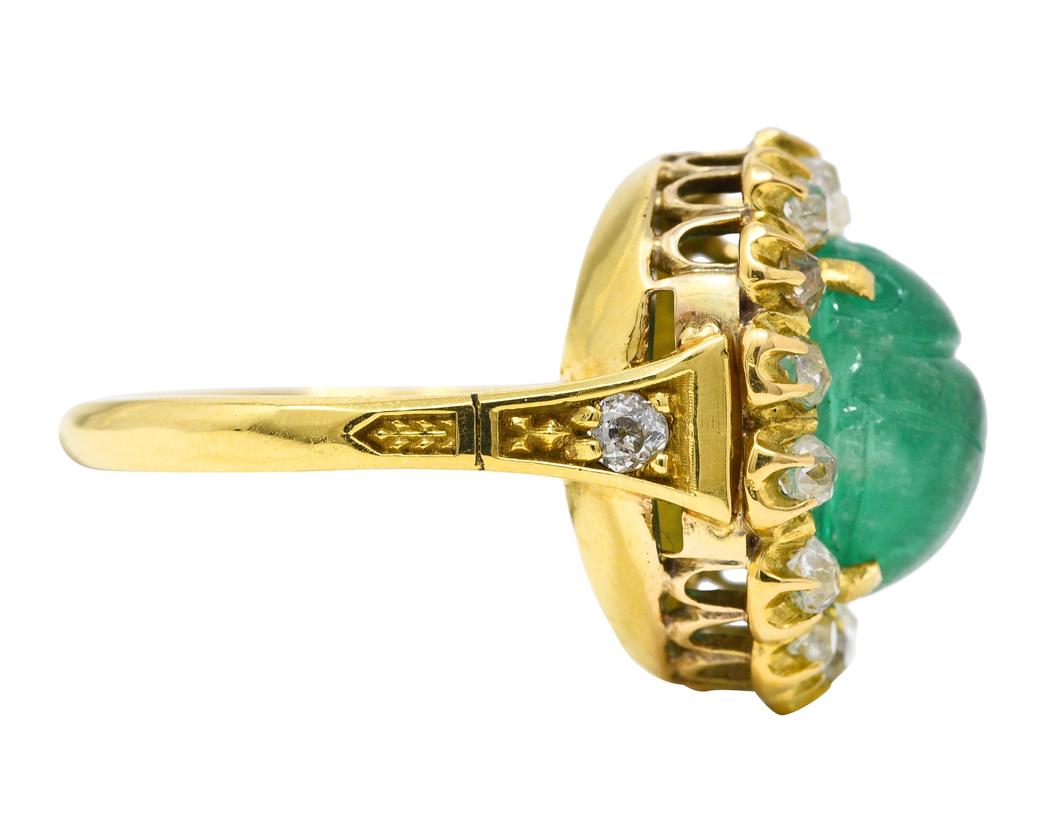 Vintage Egyptian Revival 7.80 CTW Carved Emerald Diamond 18 Karat Yellow Gold Cluster Gemstone Scarab Ring Wilson's Estate Jewelry