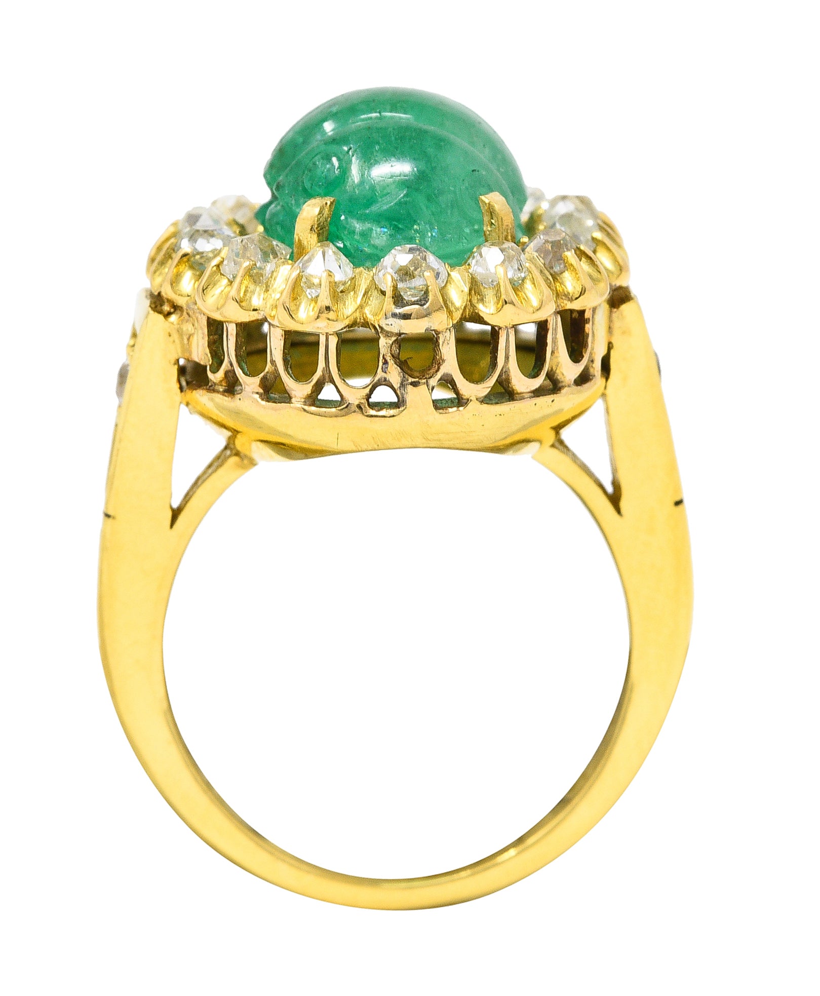 Vintage Egyptian Revival 7.80 CTW Carved Emerald Diamond 18 Karat Yellow Gold Cluster Gemstone Scarab Ring Wilson's Estate Jewelry