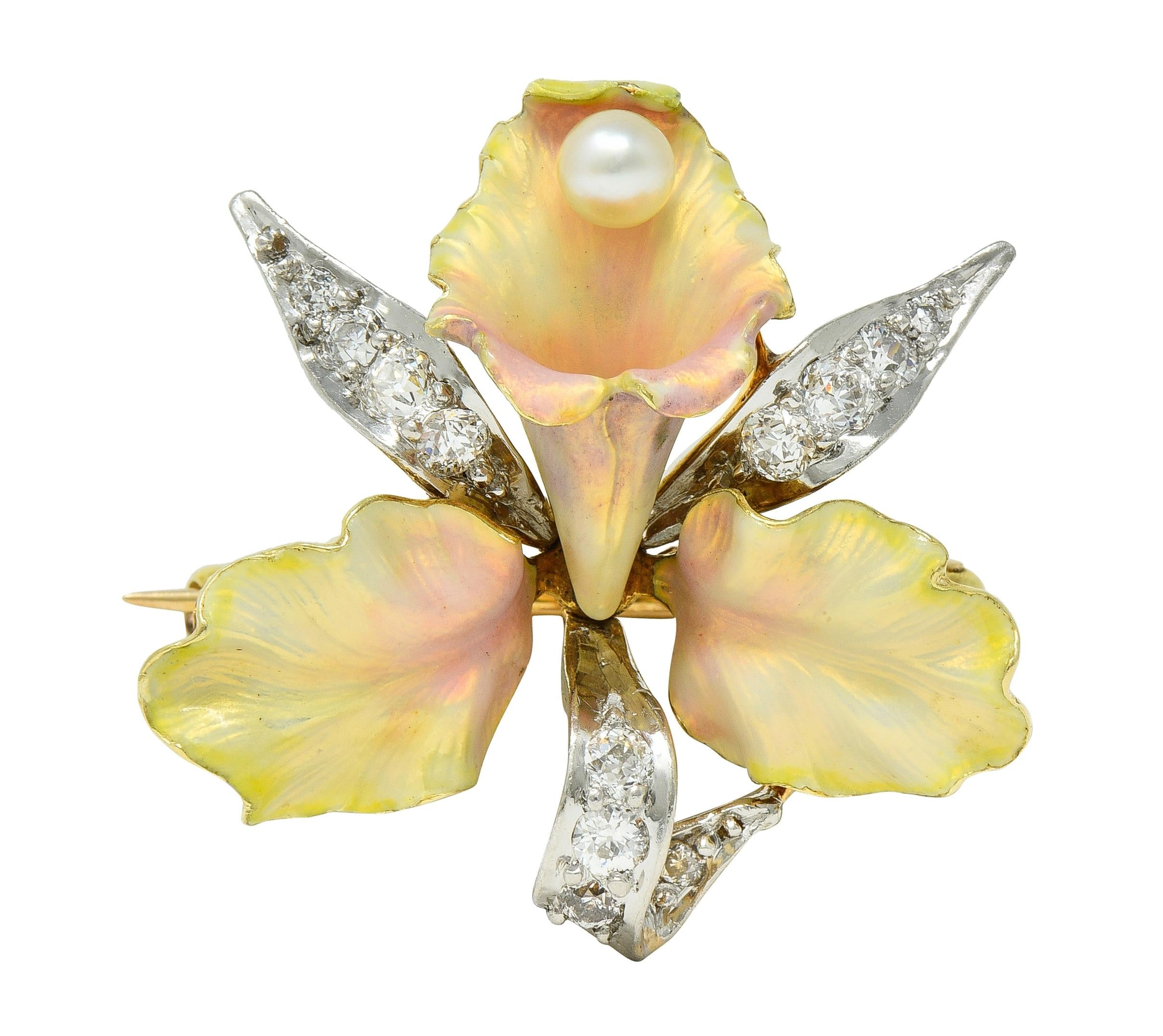 Art Nouveau Diamond Pearl Enamel Platinum 14 Karat Gold Daffodil Pendant Brooch