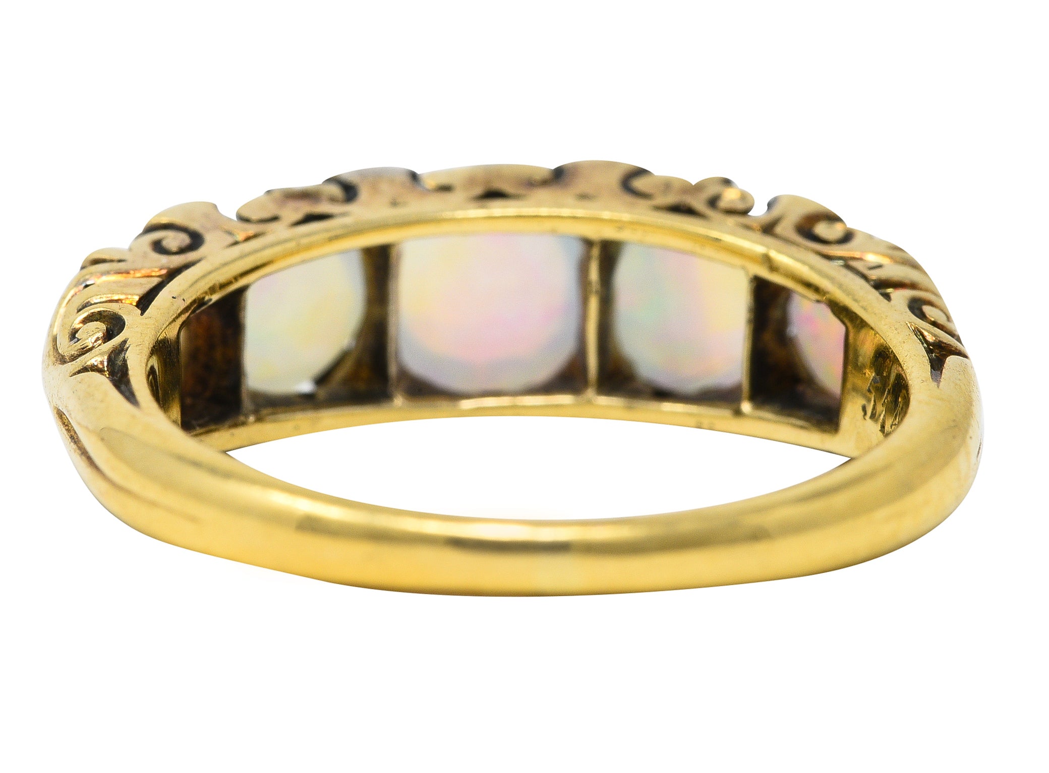 Victorian Jelly Opal Diamond 18 Karat Yellow Gold Five Stone Antique Ring Wilson's Estate Jewelry