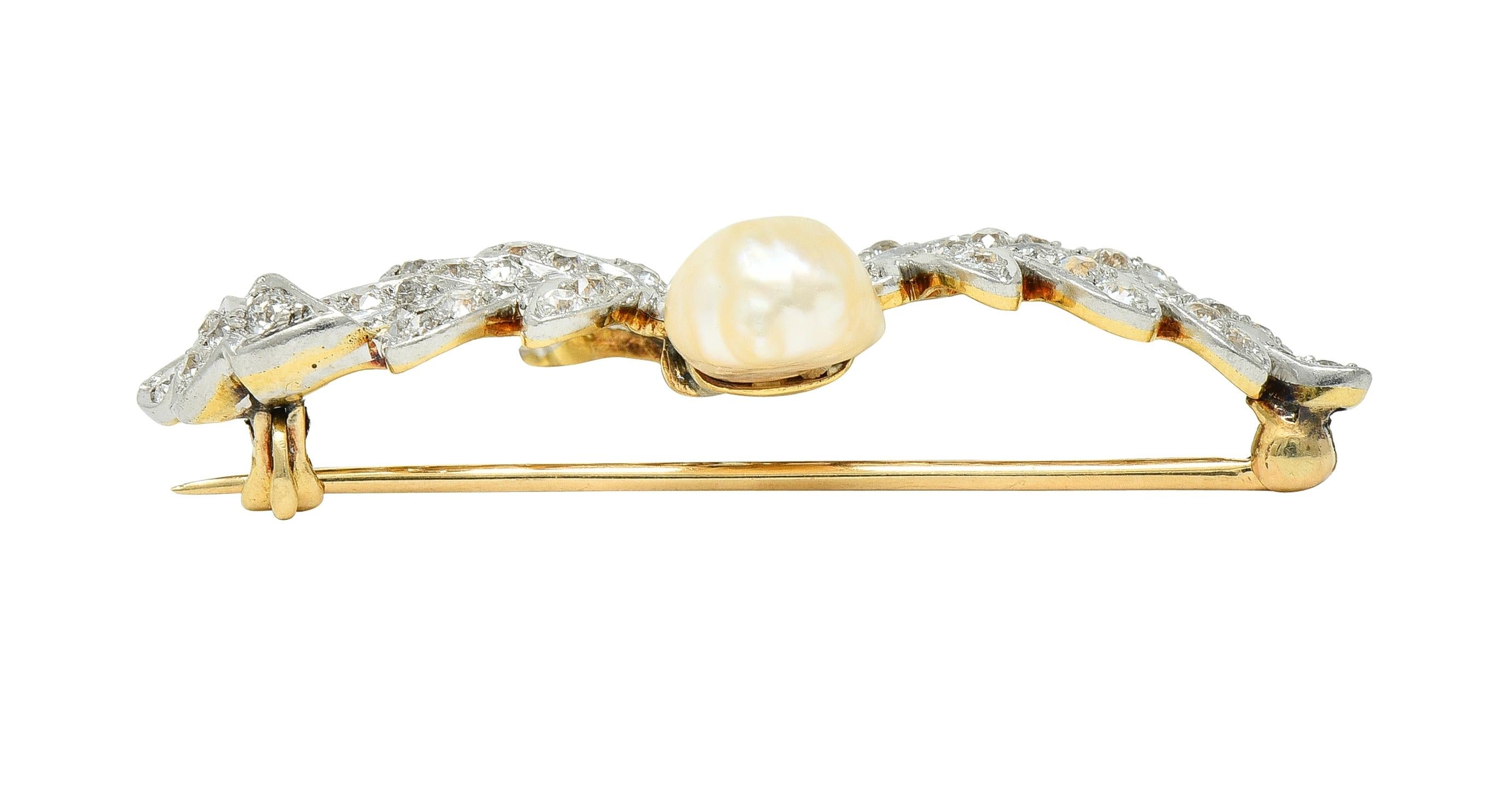 Edwardian 1.54 CTW Diamond Pearl Platinum 14 Karat Gold Antique Oak Leaf Brooch