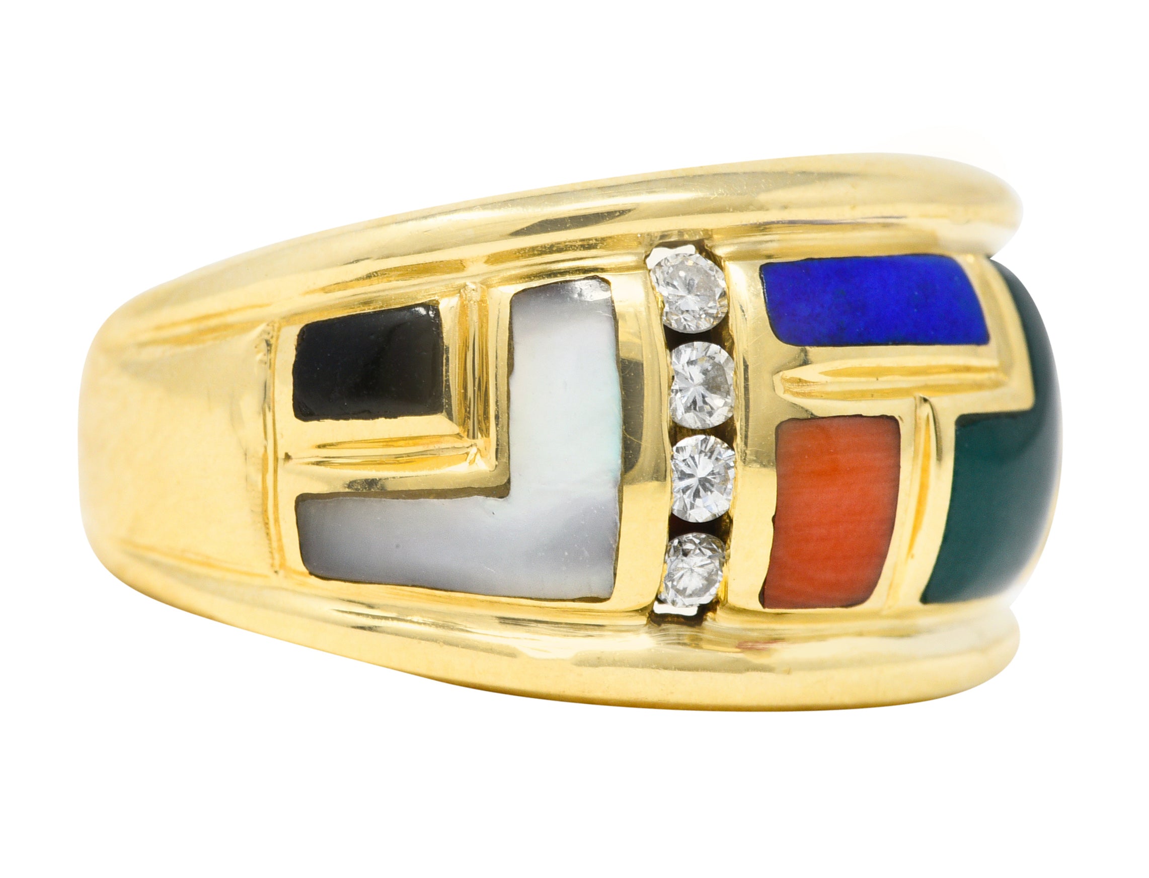 Asch Grossbardt Diamond Coral Onyx Chalcedony Lapis Lazuli 14 Karat Yellow Gold Vintage Band Ring Wilson's Estate Jewelry