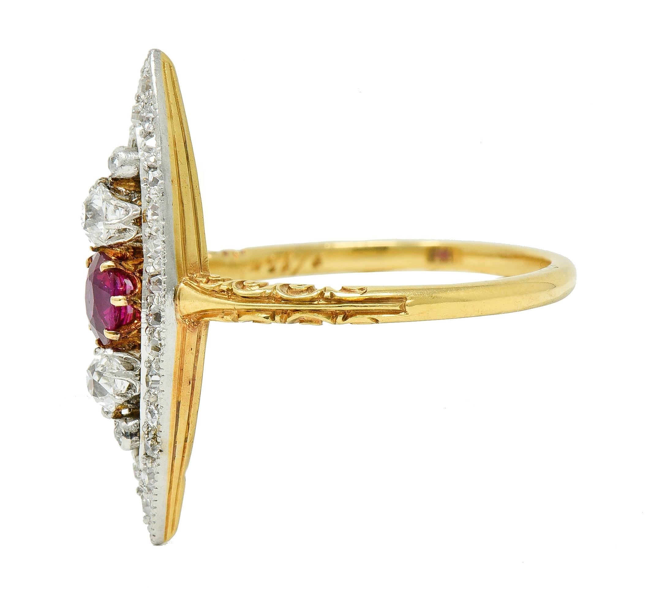 Edwardian 0.62 CTW Ruby Diamond Platinum 18 Karat Gold Scroll Navette Ring