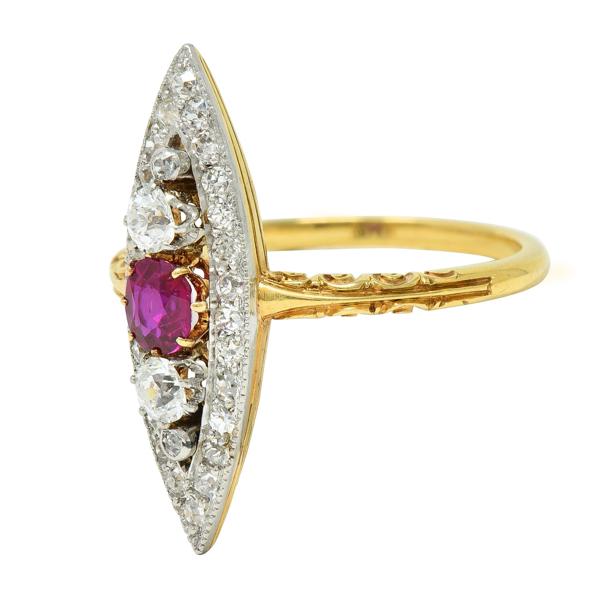 Edwardian 0.62 CTW Ruby Diamond Platinum 18 Karat Gold Scroll Navette Ring