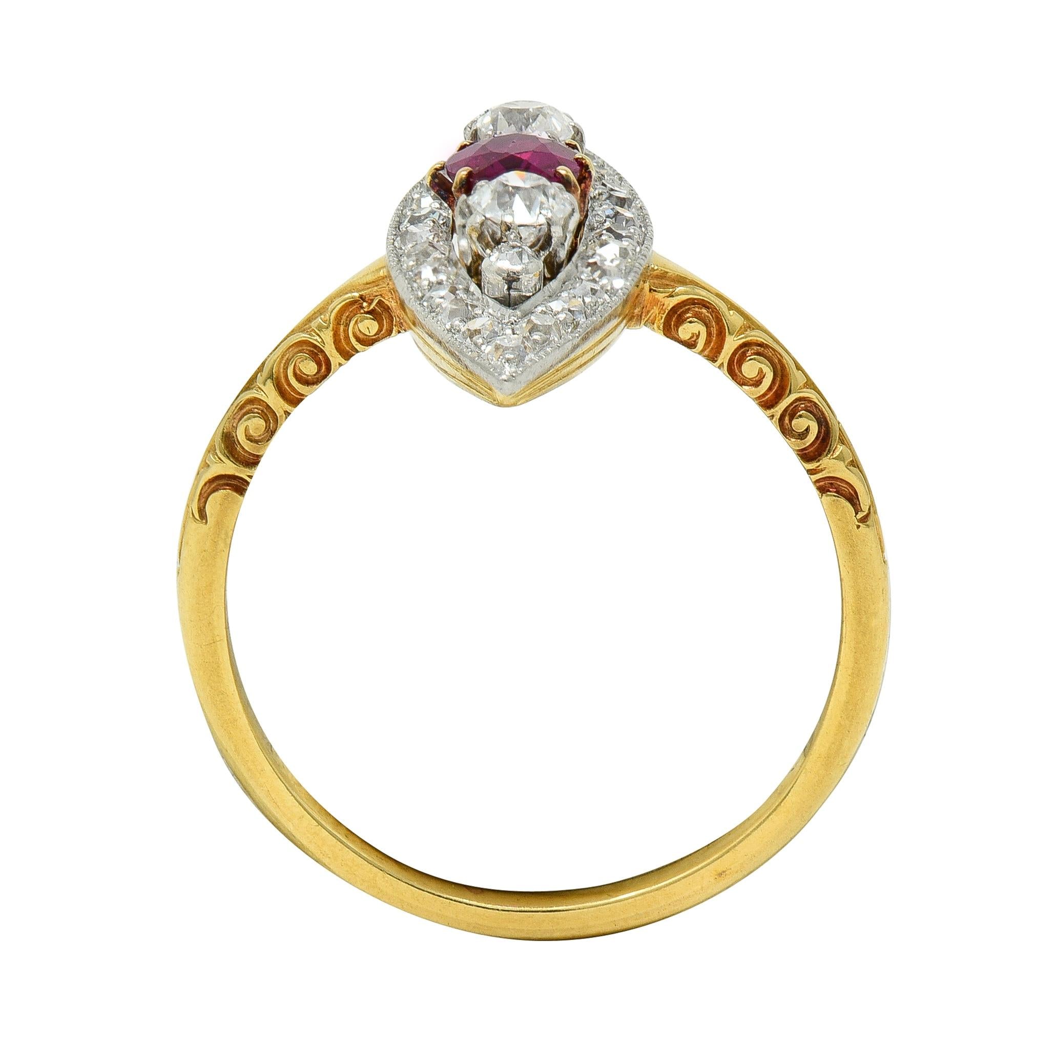 Edwardian 0.62 CTW Ruby Diamond Platinum 18 Karat Gold Scroll Navette Ring