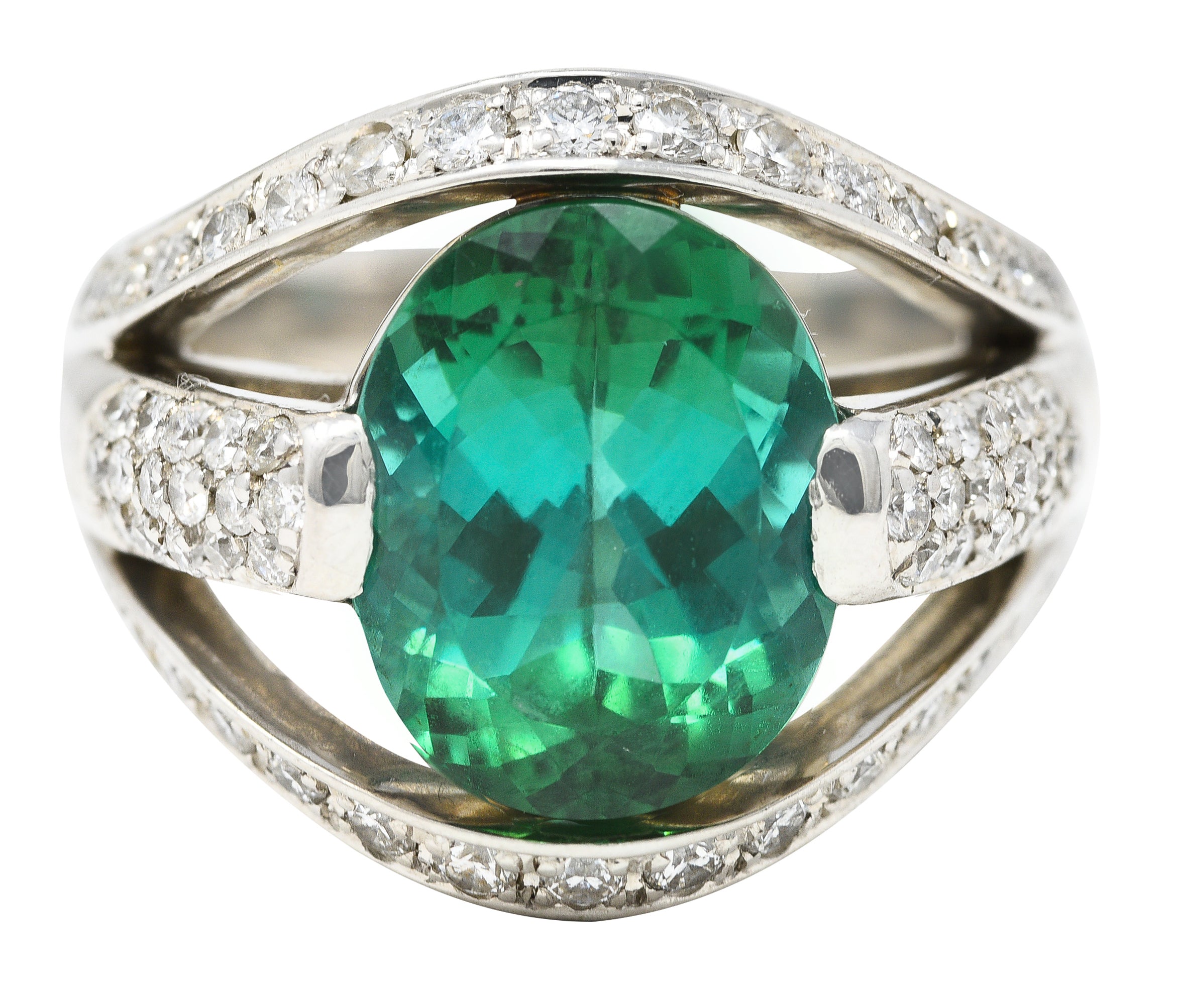 Contemporary 6.62 CTW Green Tourmaline Diamond Platinum Gemstone Band Ring Wilson's Estate Jewelry