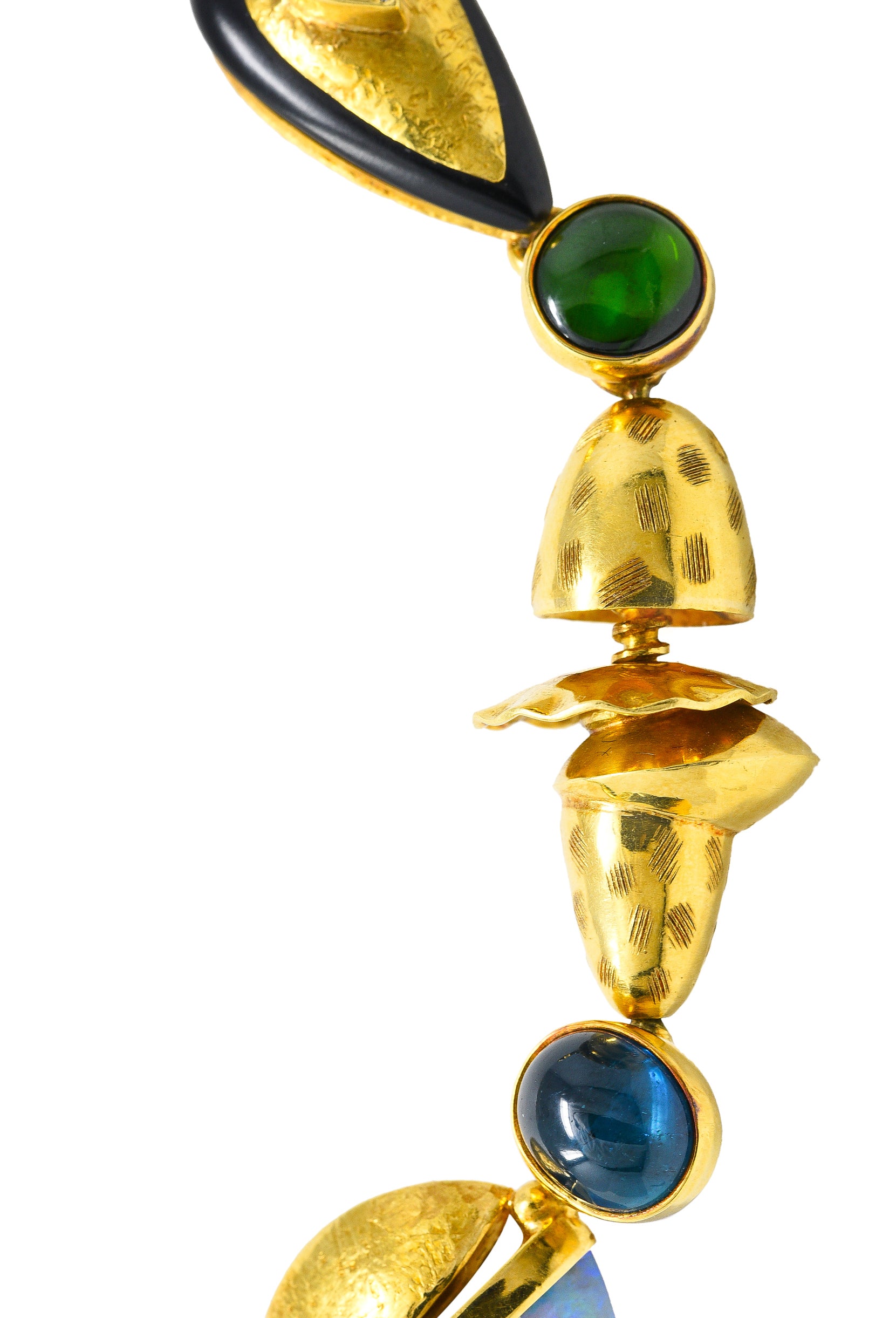 Jeff Glode Wise Opal Sapphire Tourmaline Peridot Ebony 18 Karat Yellow Gold Vintage Craft Linkage Necklace Wilson's Estate Jewelry