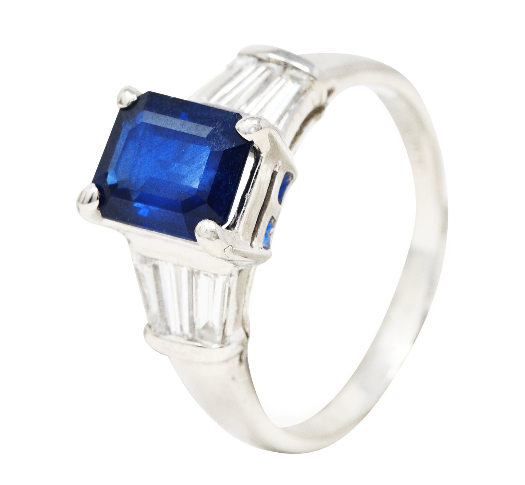 .11111 SH Contemporary 2.43 CTW Emerald Cut Sapphire Diamond Platinum Gemstone Ring Wilson's Estate Jewelry