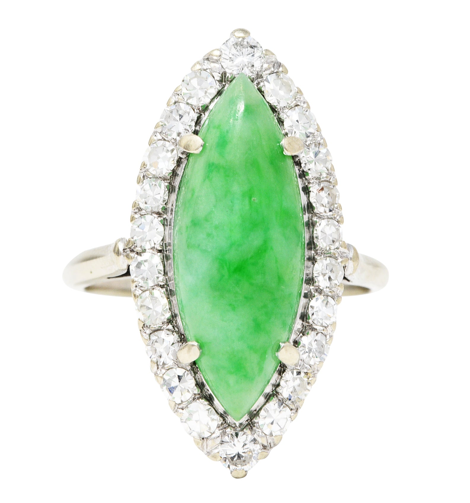 Art Deco Jade Cabochon Diamond 14 Karat White Gold Navette Vintage Cluster Ring Wilson's Estate Jewelry