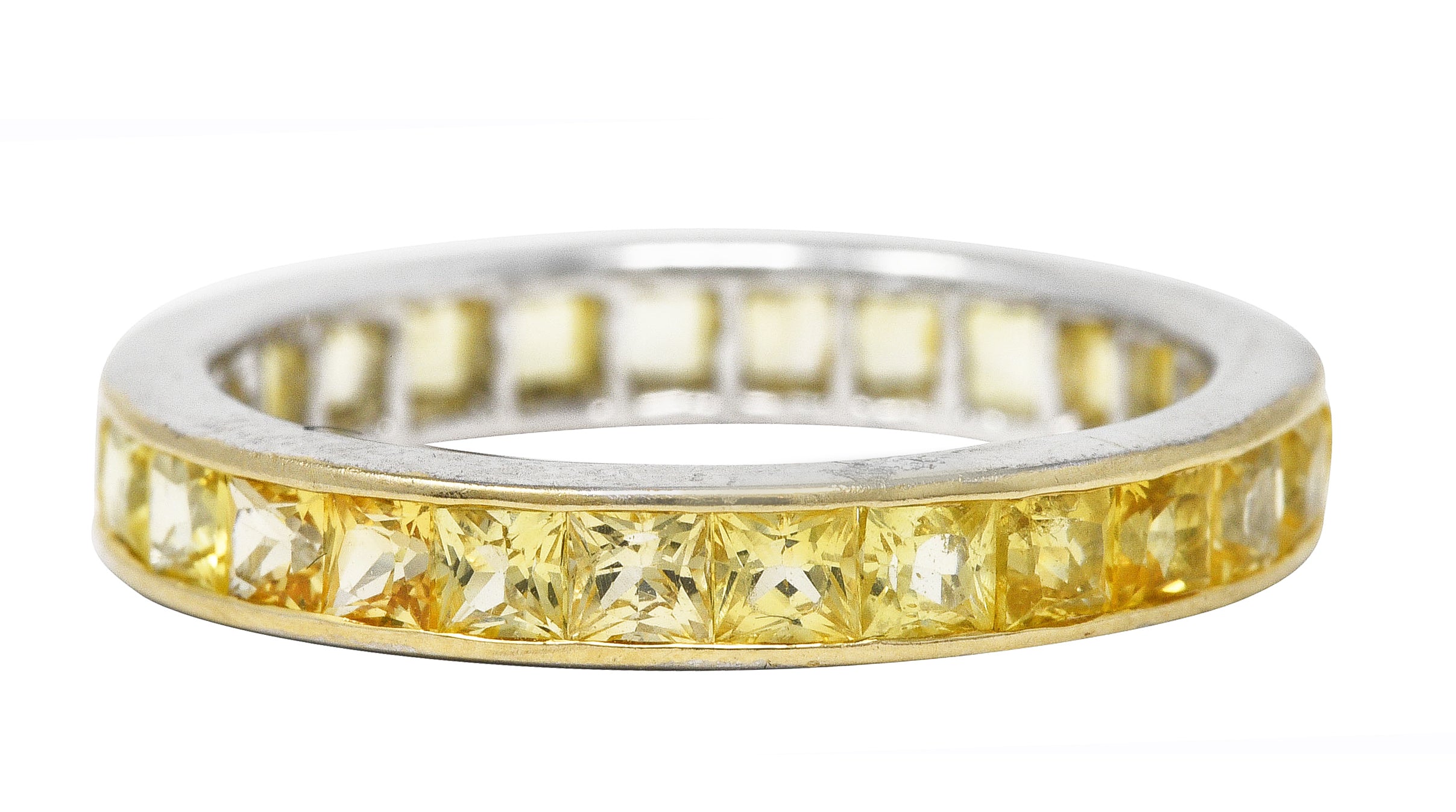 1960's Vintage 2.00 CTW French Cut Yellow Sapphire 18 Karat White Gold Eternity Band Ring Wilson's Estate Jewelry