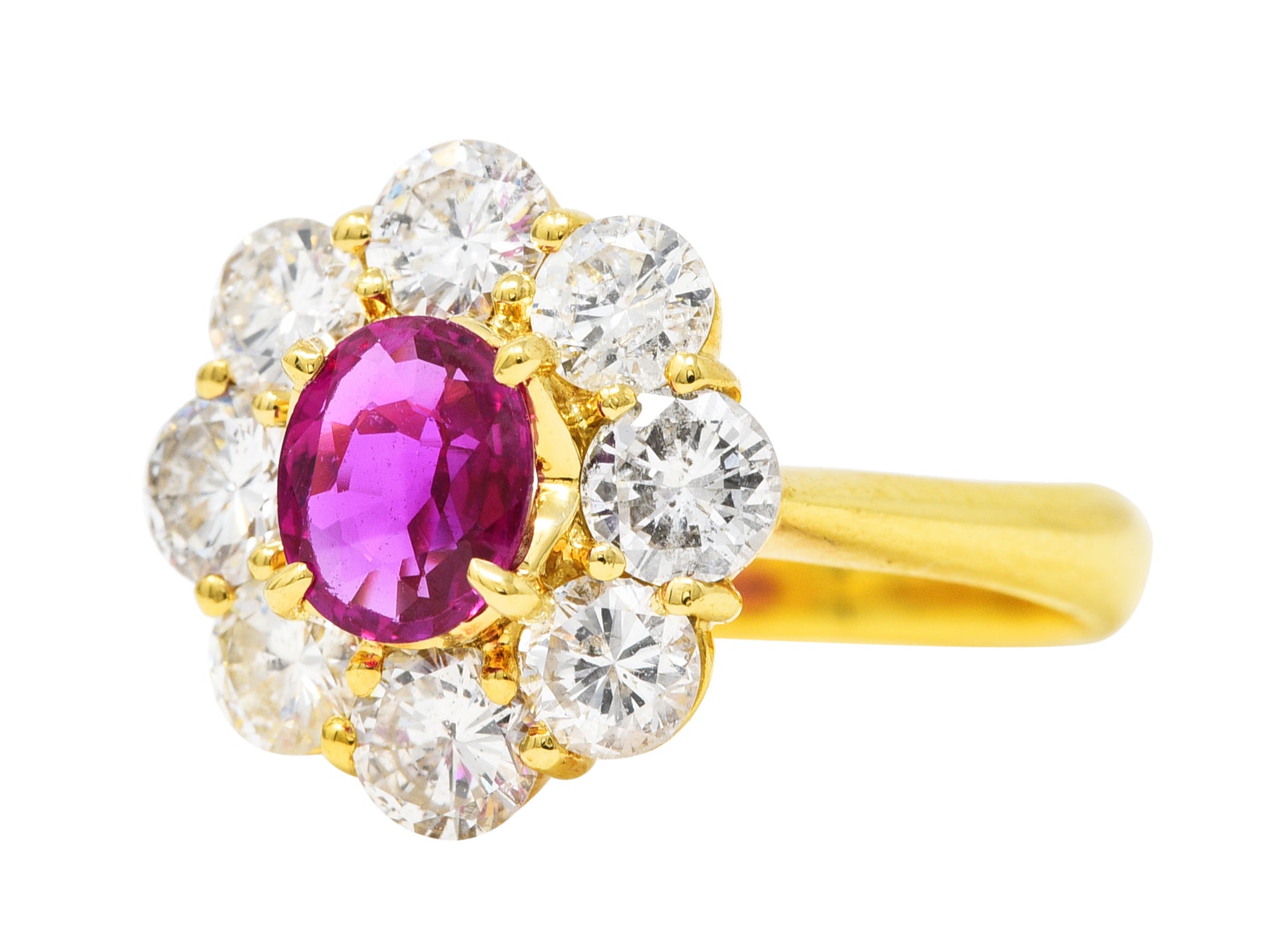 Contemporary 1.86 CTW Ruby Diamond 18 Karat Yellow Gold Cluster Ring Wilson's Estate Jewelry