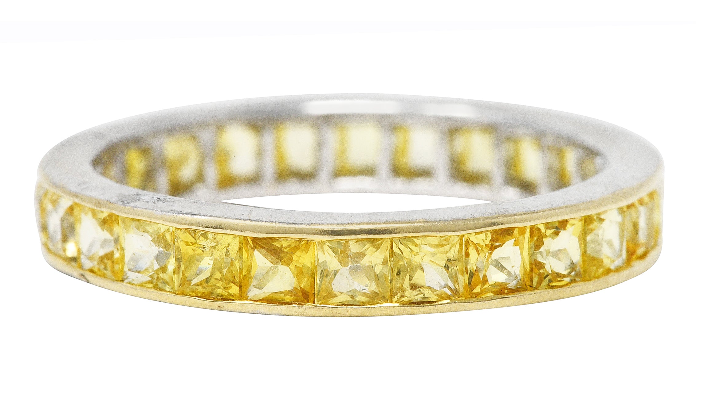 1960's Vintage 2.00 CTW French Cut Yellow Sapphire 18 Karat White Gold Eternity Band Ring Wilson's Estate Jewelry