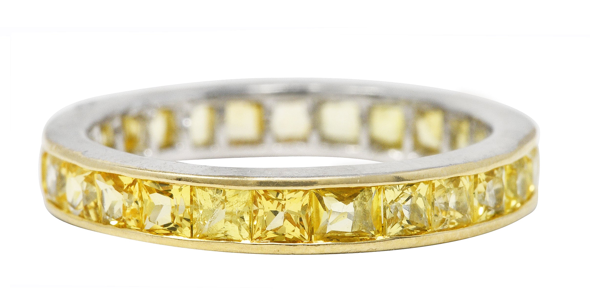 1960's Vintage 2.00 CTW French Cut Yellow Sapphire 18 Karat White Gold Eternity Band Ring Wilson's Estate Jewelry