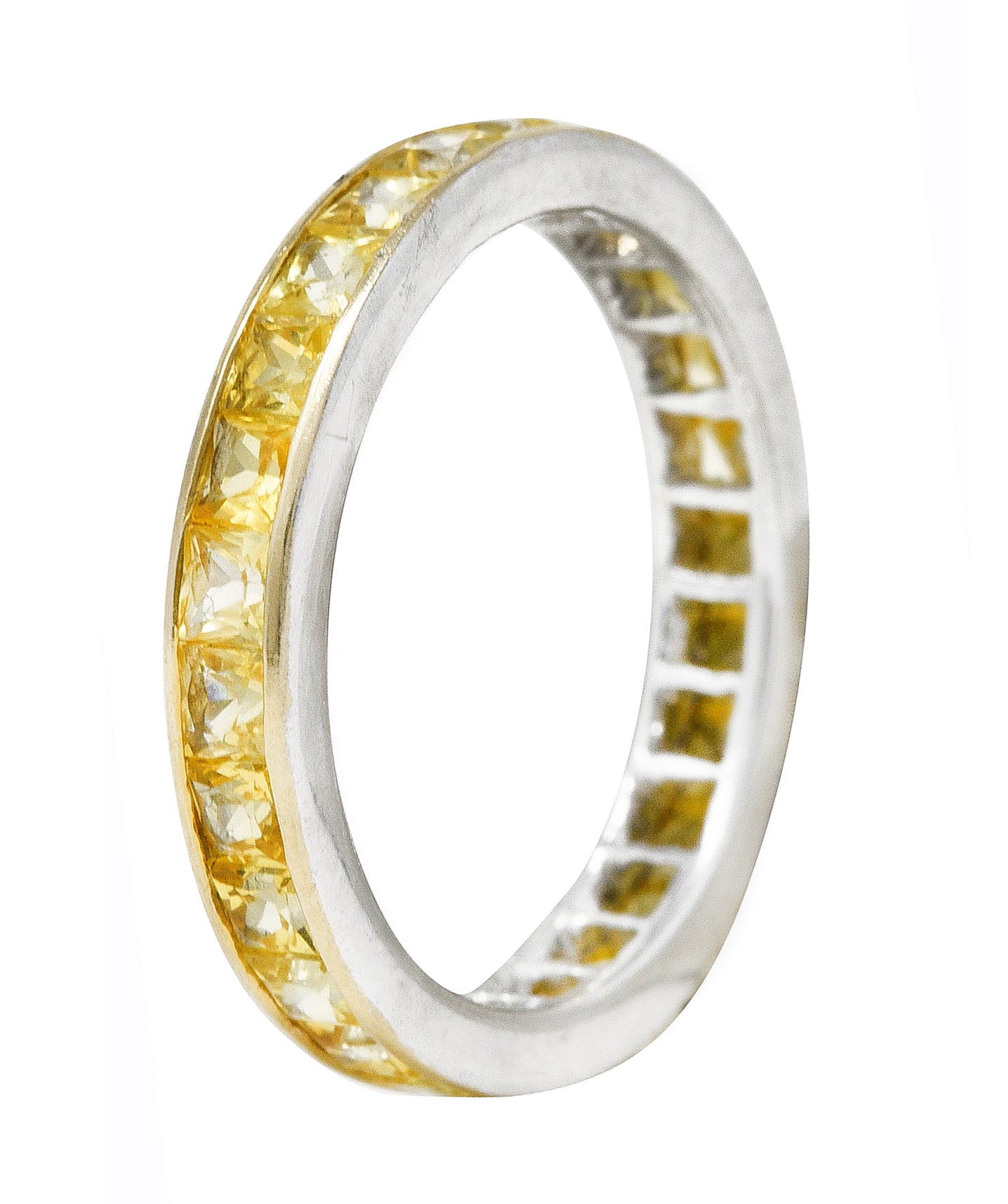 1960's Vintage 2.00 CTW French Cut Yellow Sapphire 18 Karat White Gold Eternity Band Ring Wilson's Estate Jewelry