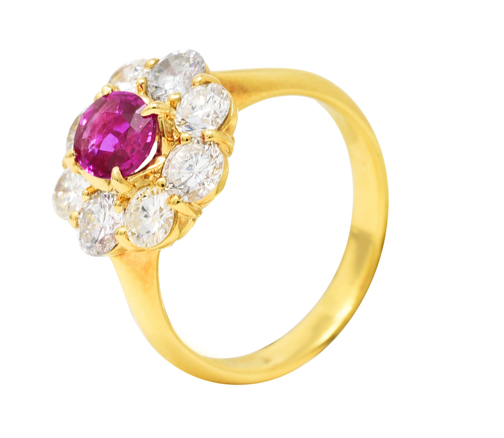 Contemporary 1.86 CTW Ruby Diamond 18 Karat Yellow Gold Cluster Ring Wilson's Estate Jewelry