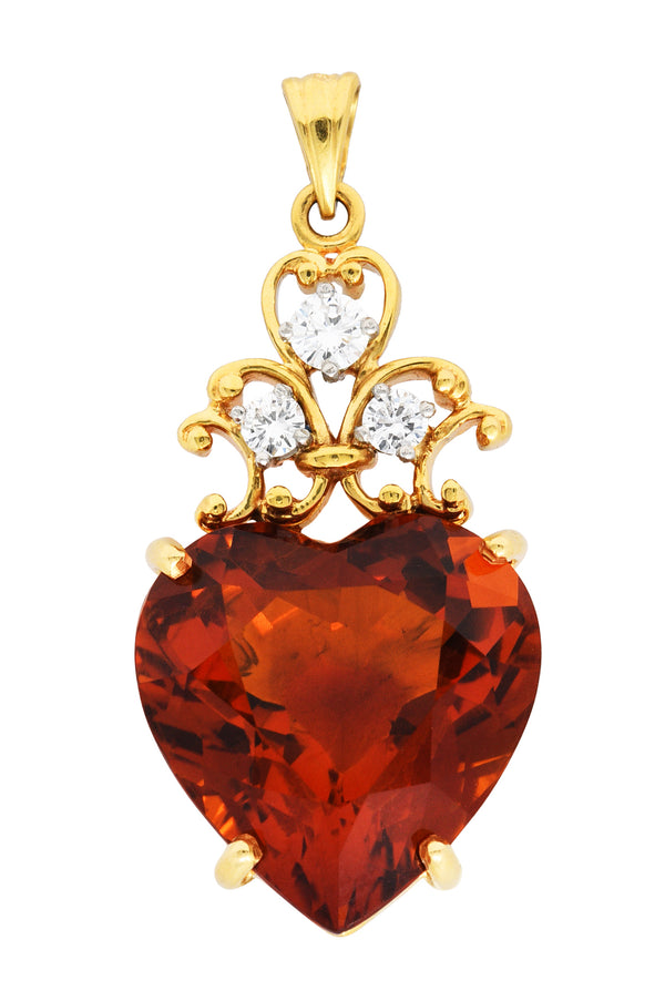 1964 Felger Inc. Citrine Diamond Platinum 18 Karat Gold Heart PendantNecklace - Wilson's Estate Jewelry