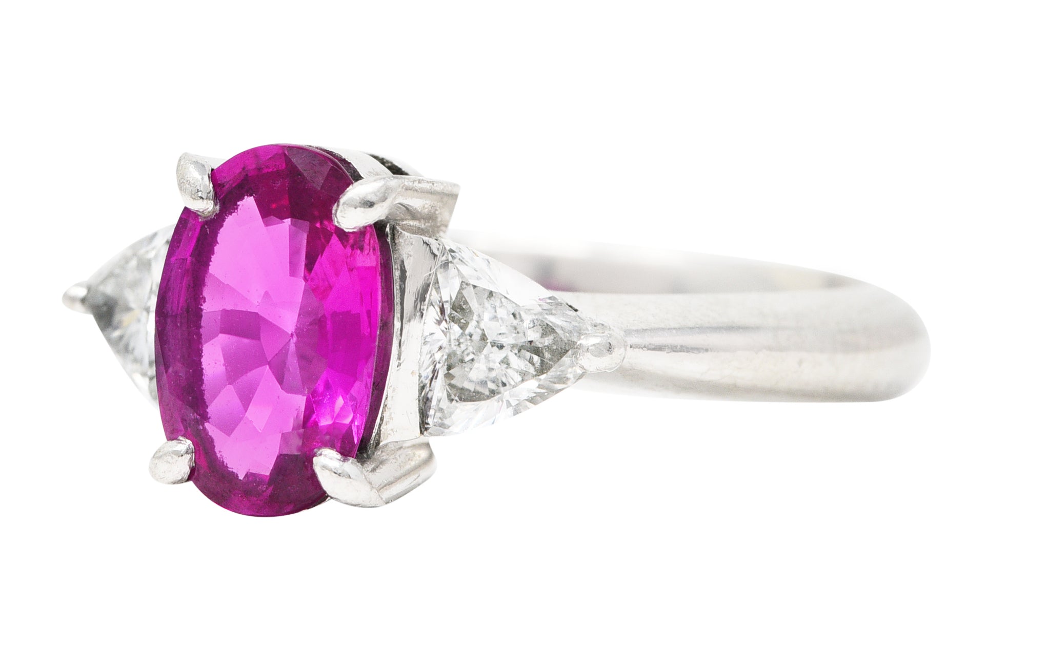 Contemporary 2.00 CTW Pink Sapphire Diamond Platinum Three Stone Gemstone Ring Wilson's Estate Jewelry