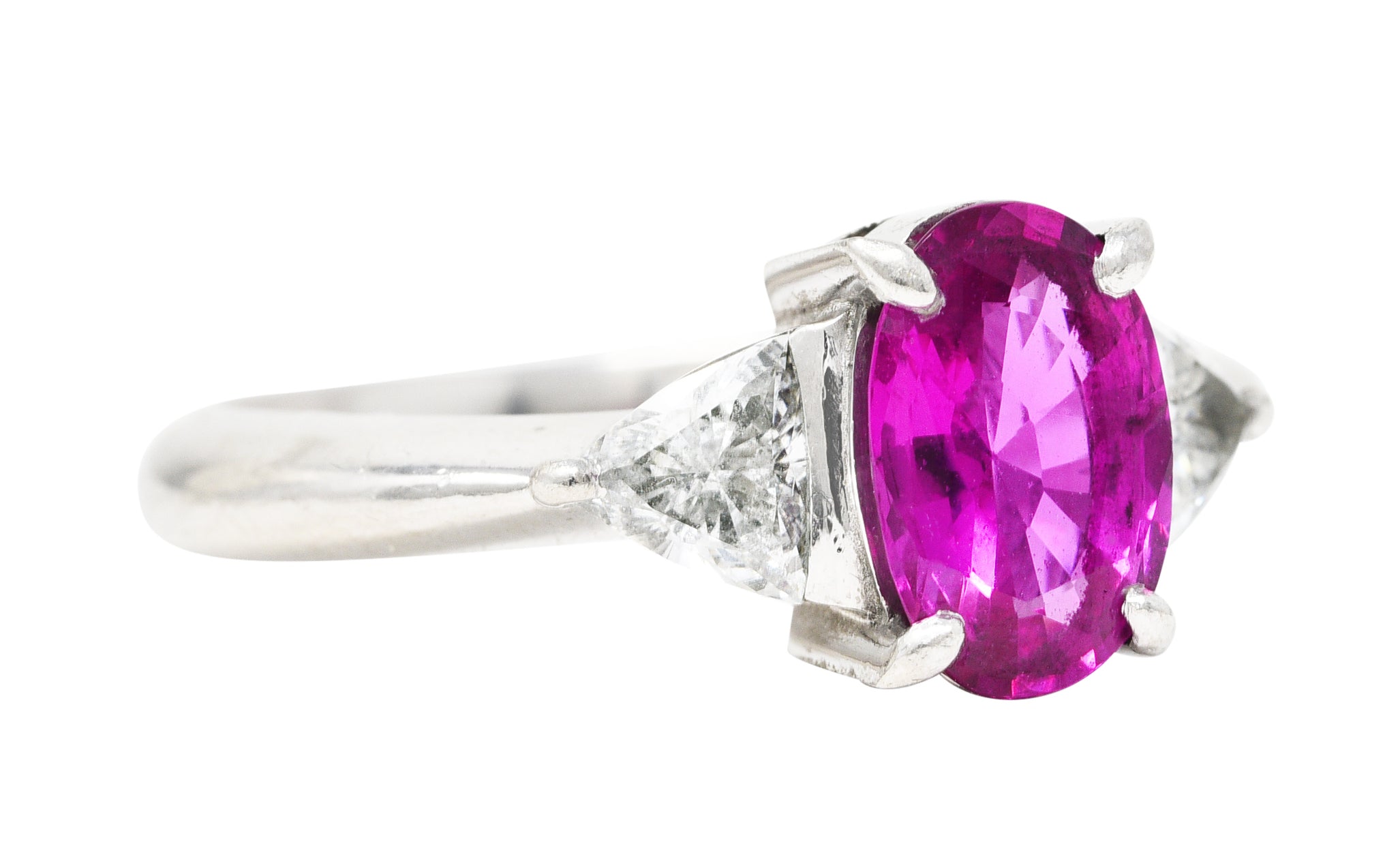 Contemporary 2.00 CTW Pink Sapphire Diamond Platinum Three Stone Gemstone Ring Wilson's Estate Jewelry