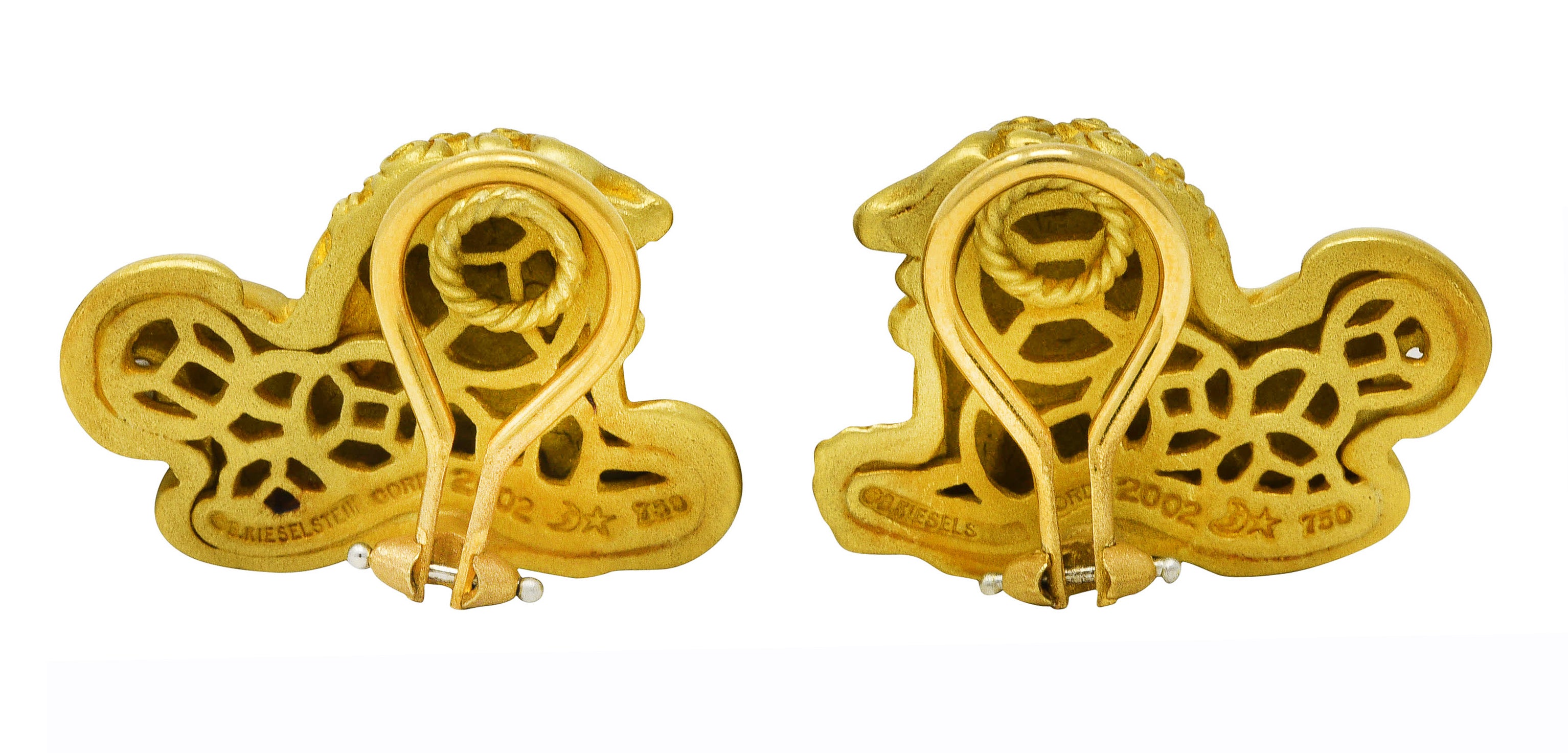 2002 Kieselstein-Cord Diamond 18 Karat Yellow Gold Foo Dog Ear-Clip Earrings Wilson's Estate Jewelry