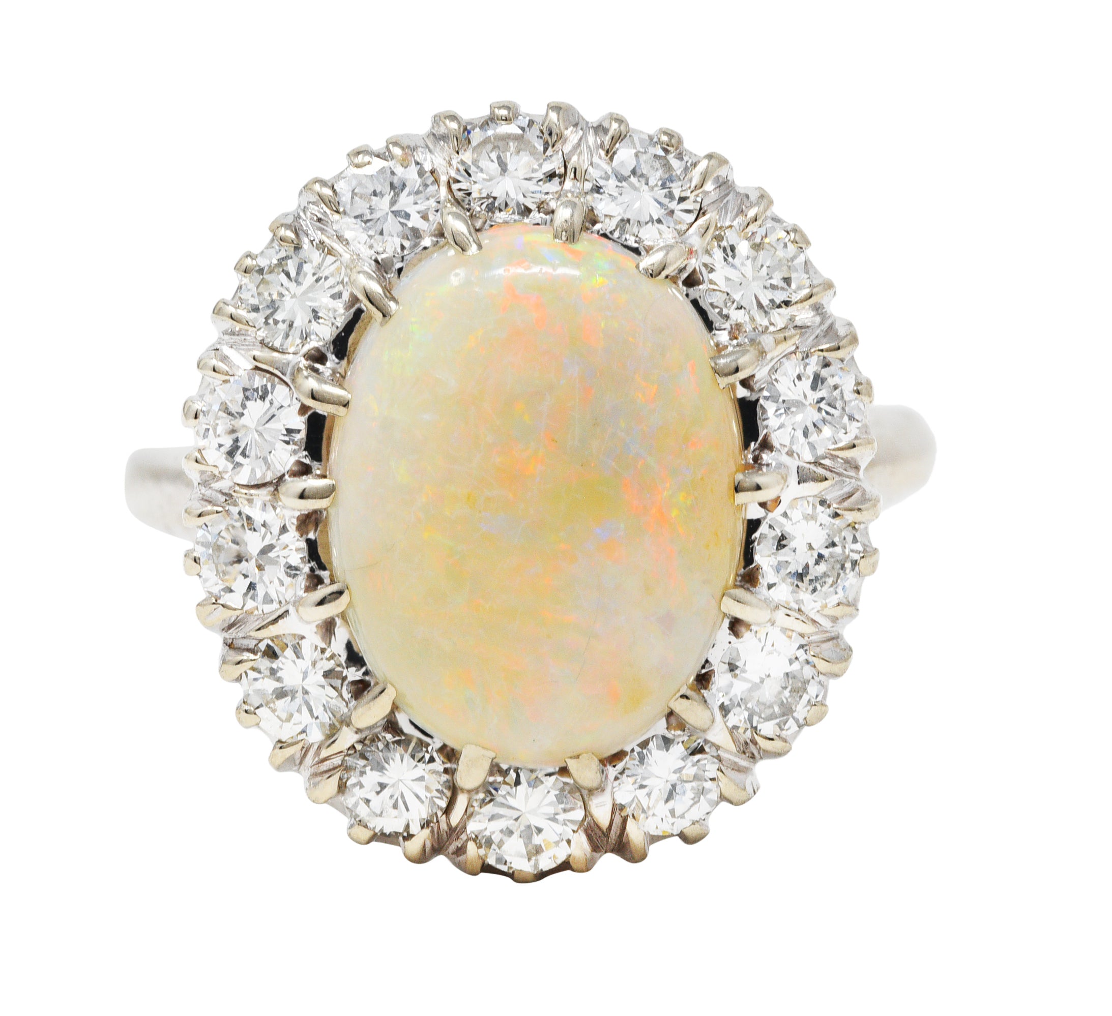 Vintage Opal Cabochon 1.00 CTW Diamond 14 Karat White Gold Cluster Ring Wilson's Estate Jewelry