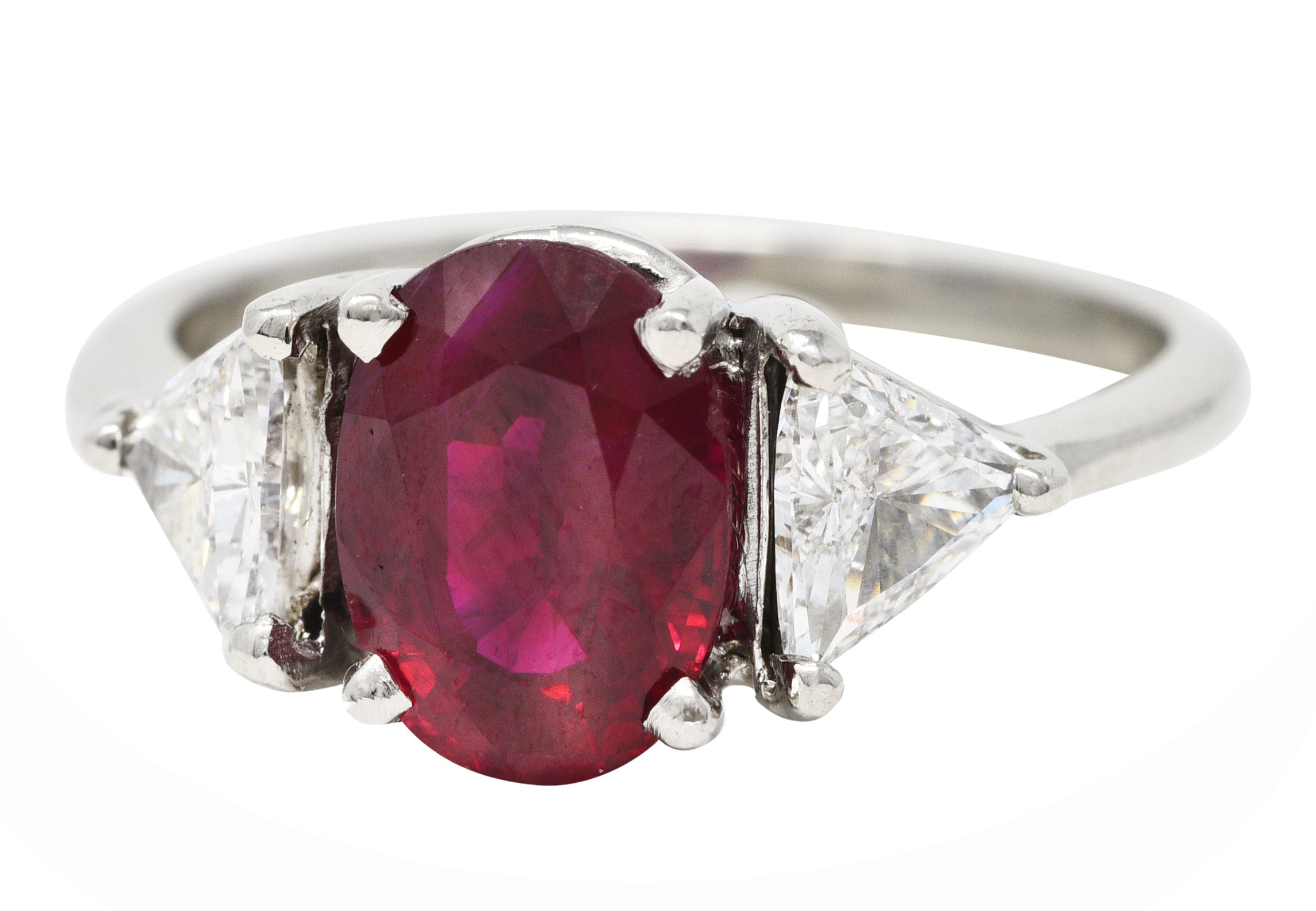 Vintage 2.65 CTW Burma Ruby Diamond Platinum Three Stone Ring GIA Wilson's Estate Jewelry