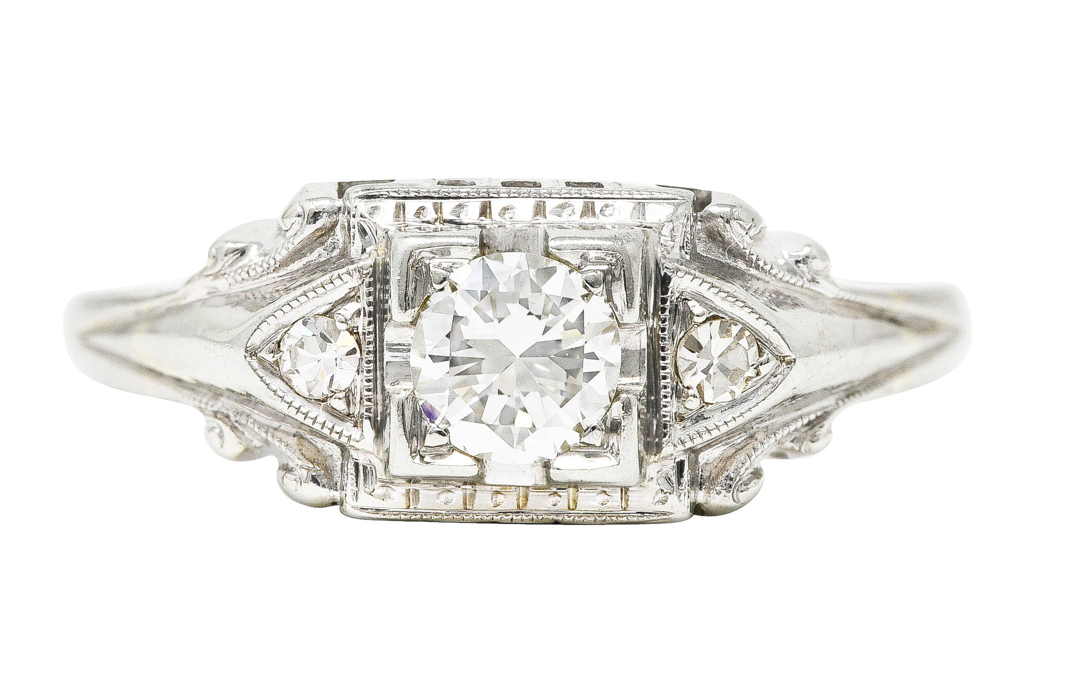 Art Deco Transitional Diamond 18 Karat White Gold Engagement Ring Wilson's Estate Jewelry