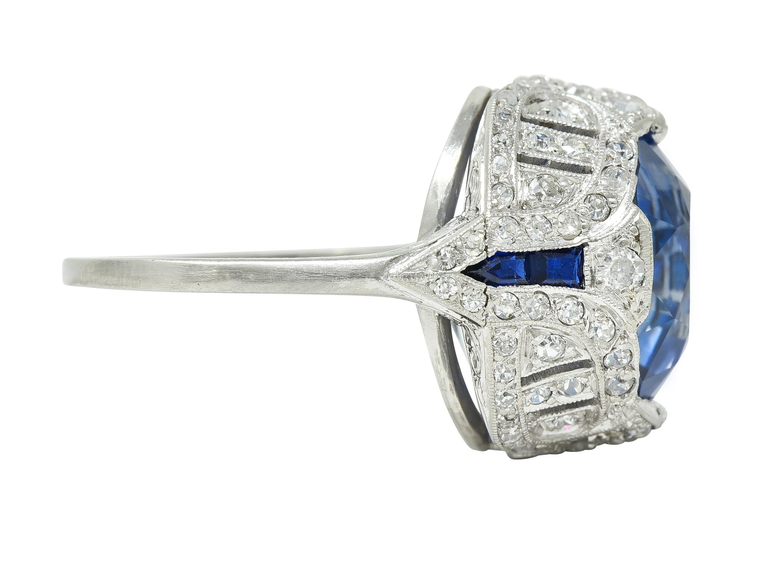 Art Deco 12.12 CTW No Heat Ceylon Sapphire Diamond Lotus Vintage Cocktail Ring