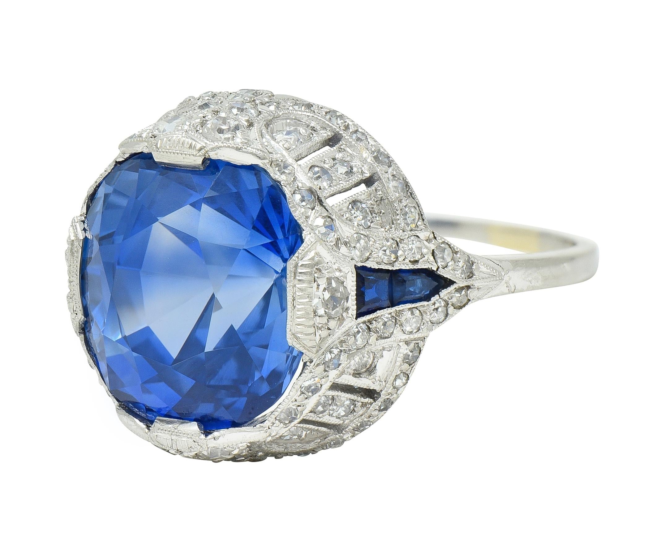 Art Deco 12.12 CTW No Heat Ceylon Sapphire Diamond Lotus Vintage Cocktail Ring