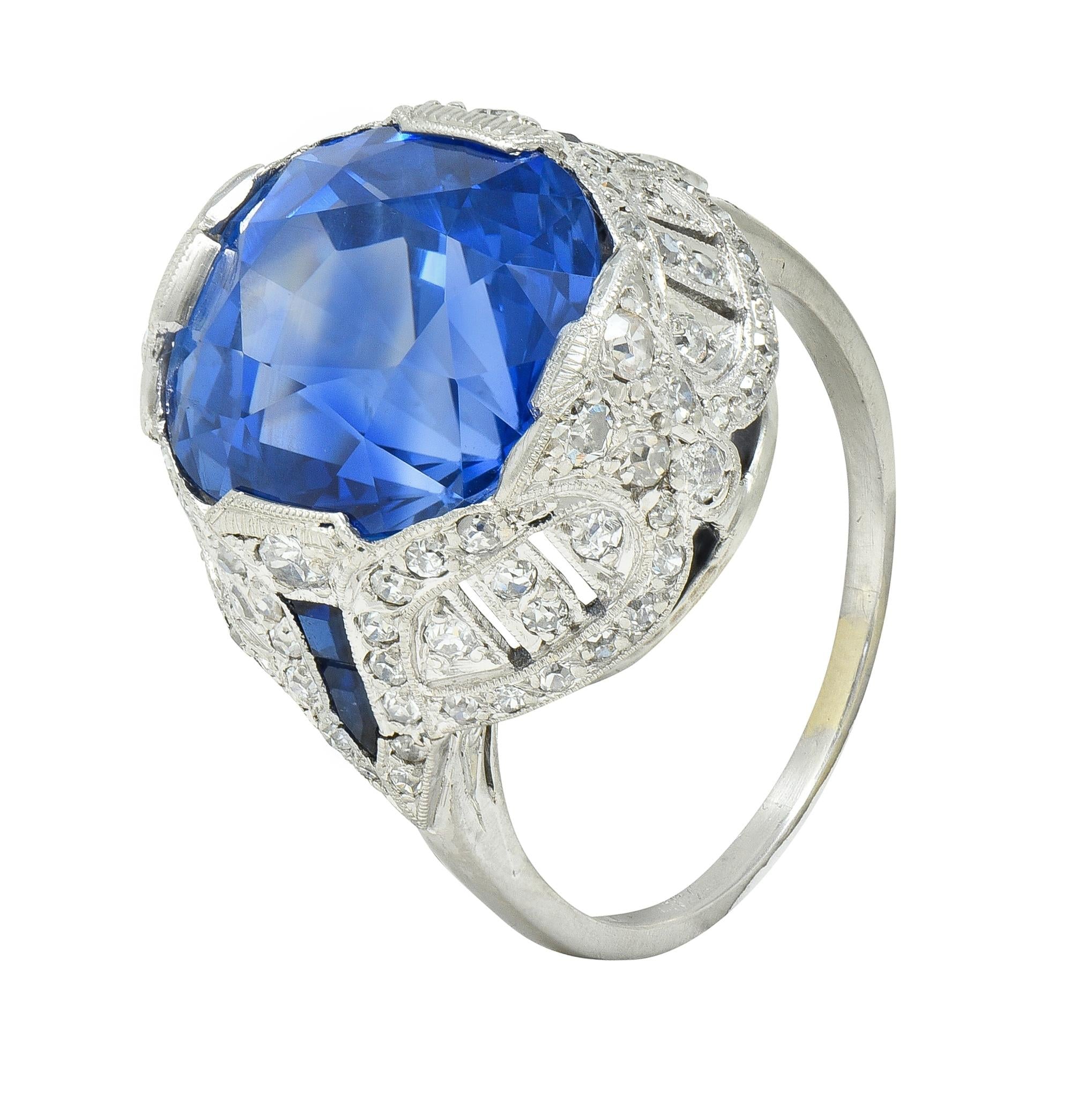 Art Deco 12.12 CTW No Heat Ceylon Sapphire Diamond Lotus Vintage Cocktail Ring