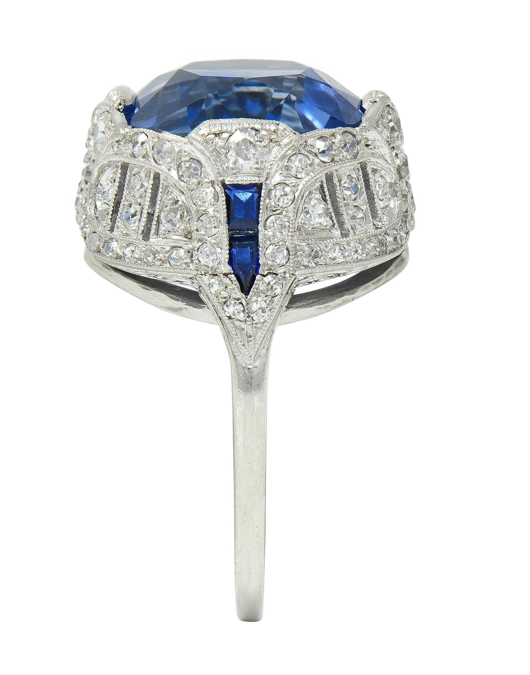 Art Deco 12.12 CTW No Heat Ceylon Sapphire Diamond Lotus Vintage Cocktail Ring