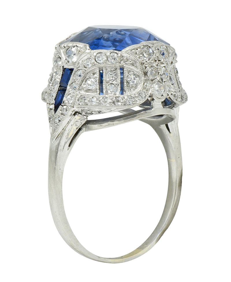 Art Deco 12.12 CTW No Heat Ceylon Sapphire Diamond Lotus Vintage Cocktail Ring