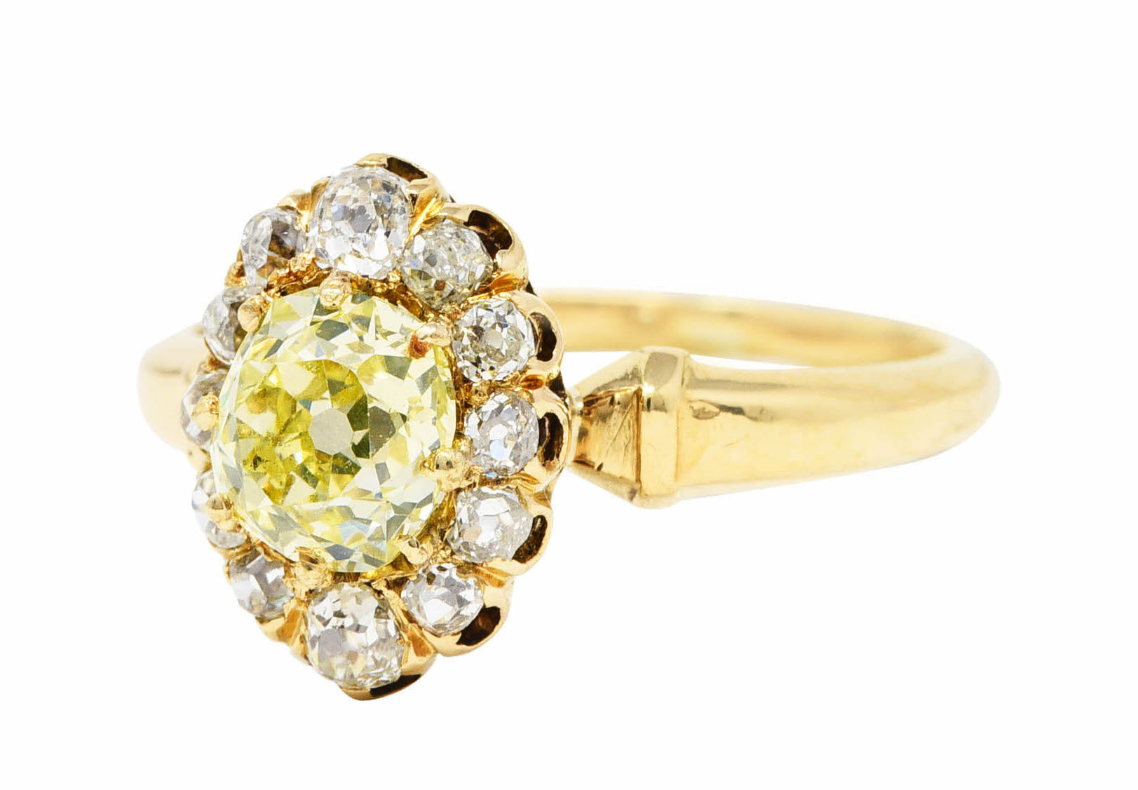 Victorian 1.20 CTW Fancy Yellow Colored Diamond 18 Karat Yellow Gold Antique Cluster Ring Wilson's Estate Jewelry