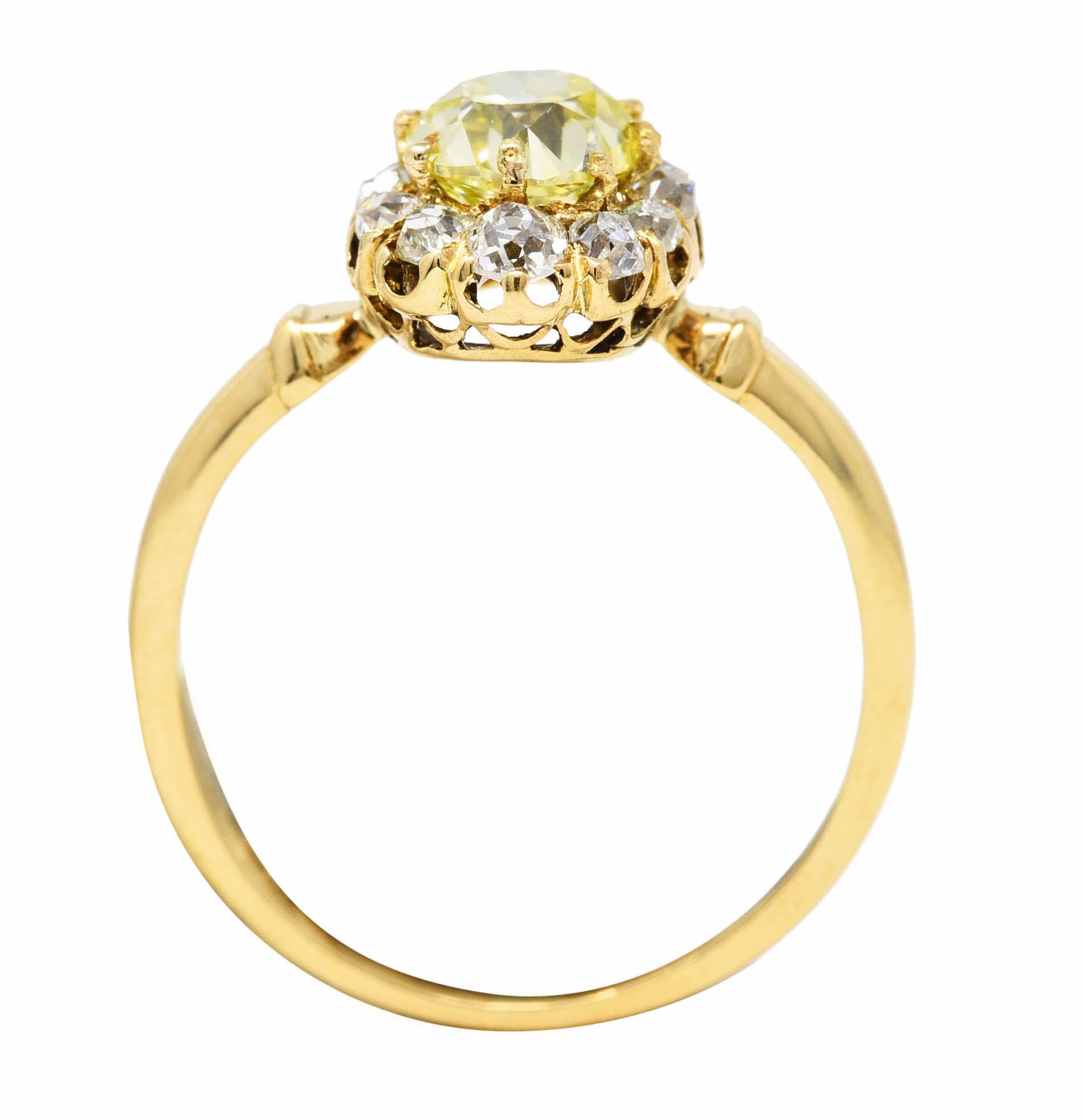 Victorian 1.20 CTW Fancy Yellow Colored Diamond 18 Karat Yellow Gold Antique Cluster Ring Wilson's Estate Jewelry