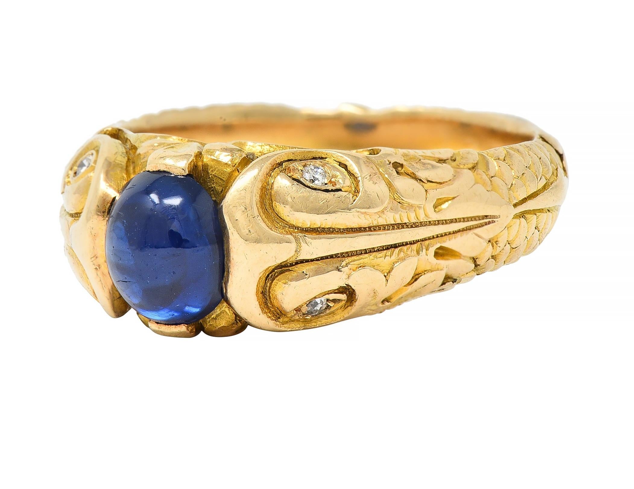 Art Nouveau Sapphire Cabochon Diamond 14 Karat Gold Koi Fish Unisex Antique Ring