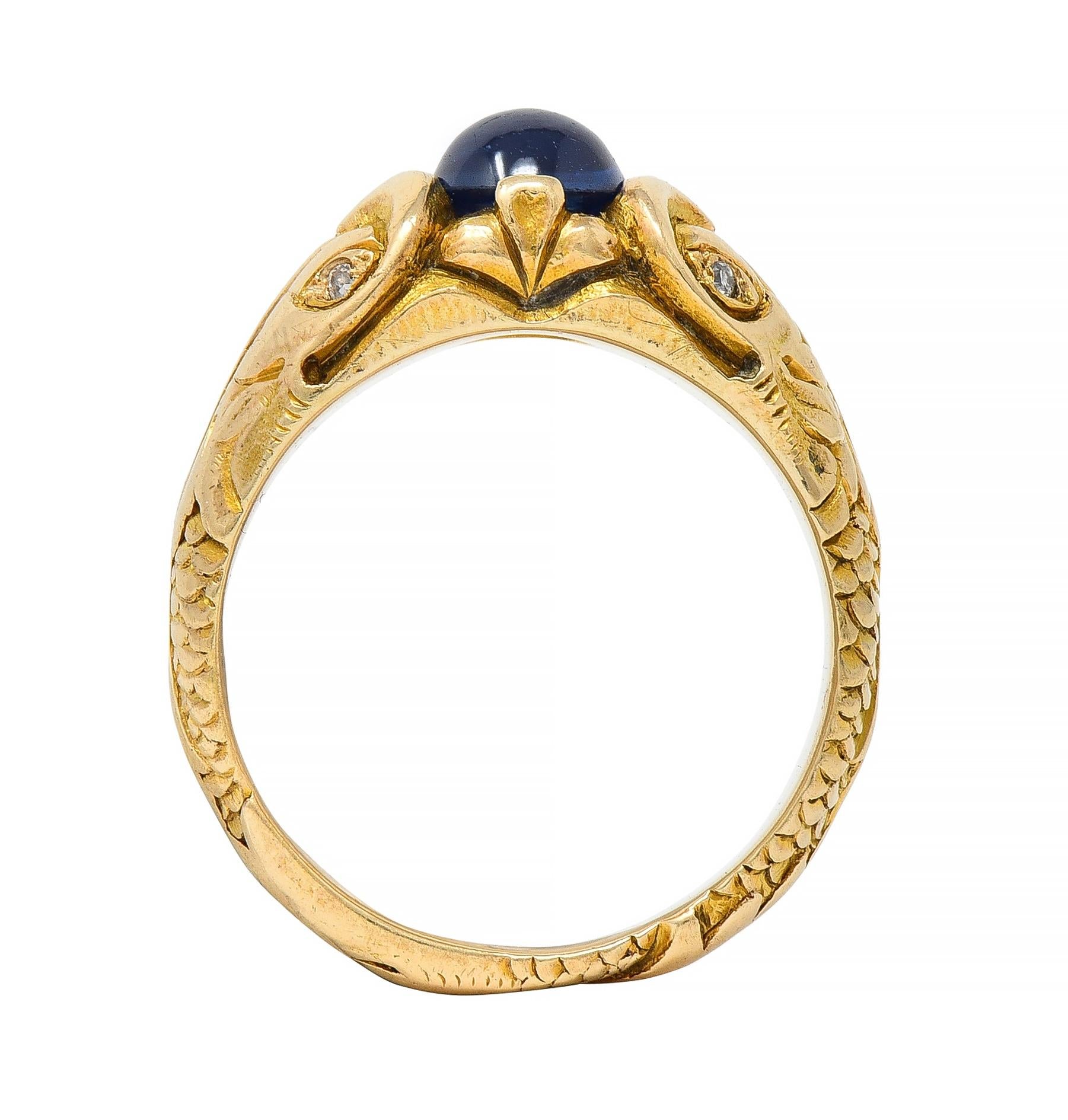 Art Nouveau Sapphire Cabochon Diamond 14 Karat Gold Koi Fish Unisex Antique Ring