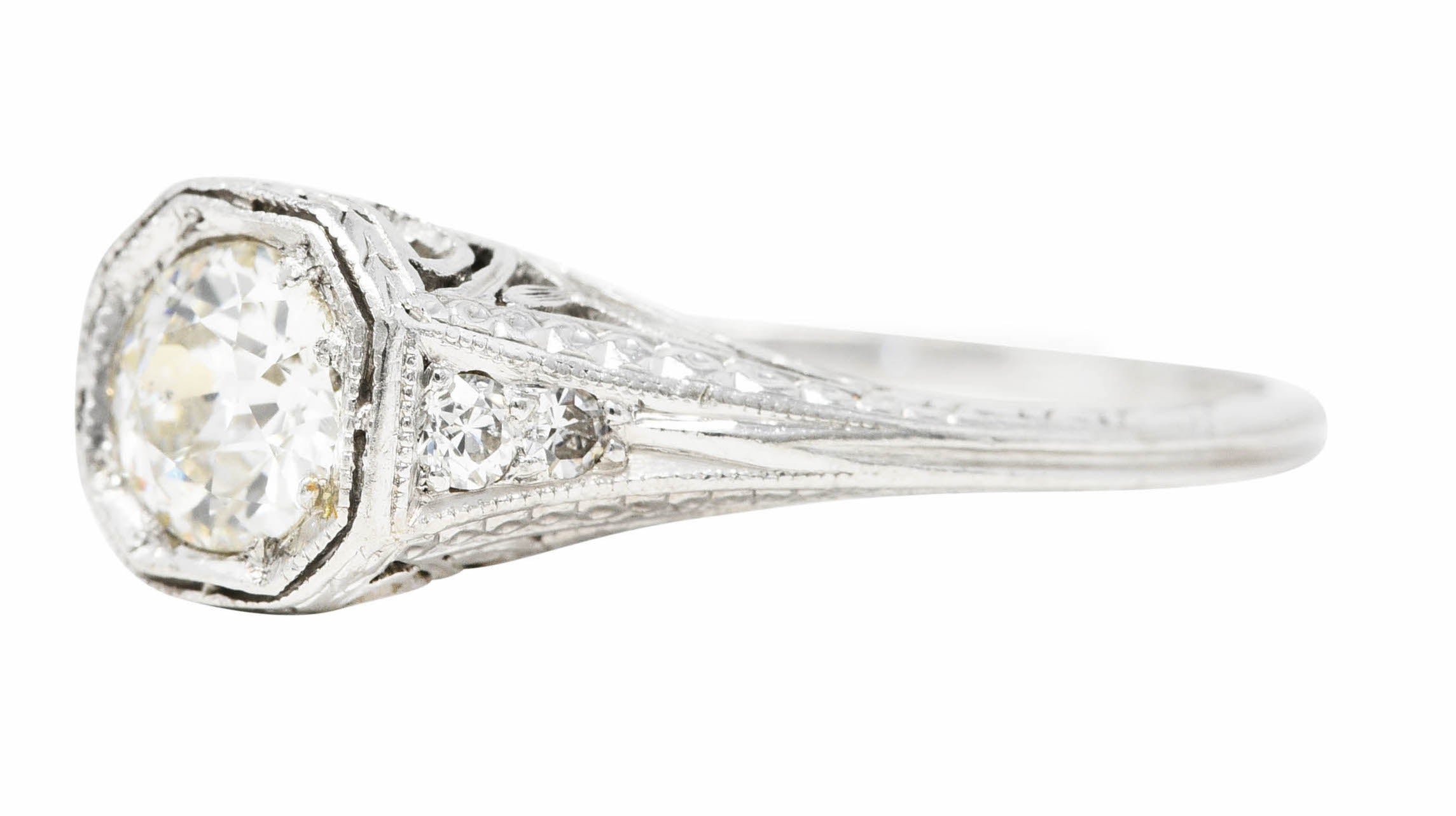 Art Deco Old European Cut Diamond Platinum Floral Antique Engagement Ring Wilson's Estate Jewelry