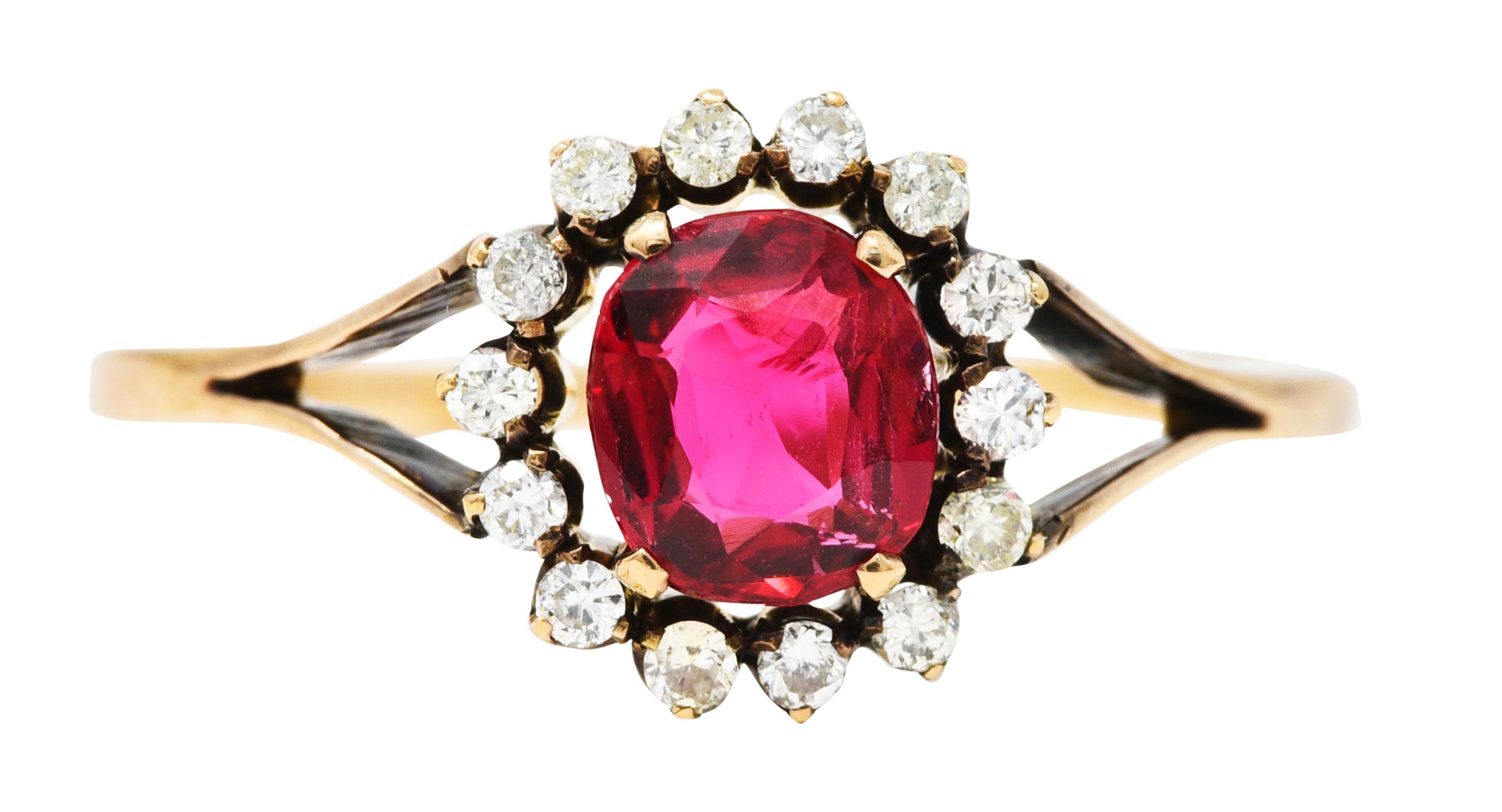 Victorian Red Spinel Diamond 14 Karat Yellow Gold Antique Cluster Ring Wilson's Estate Jewelry