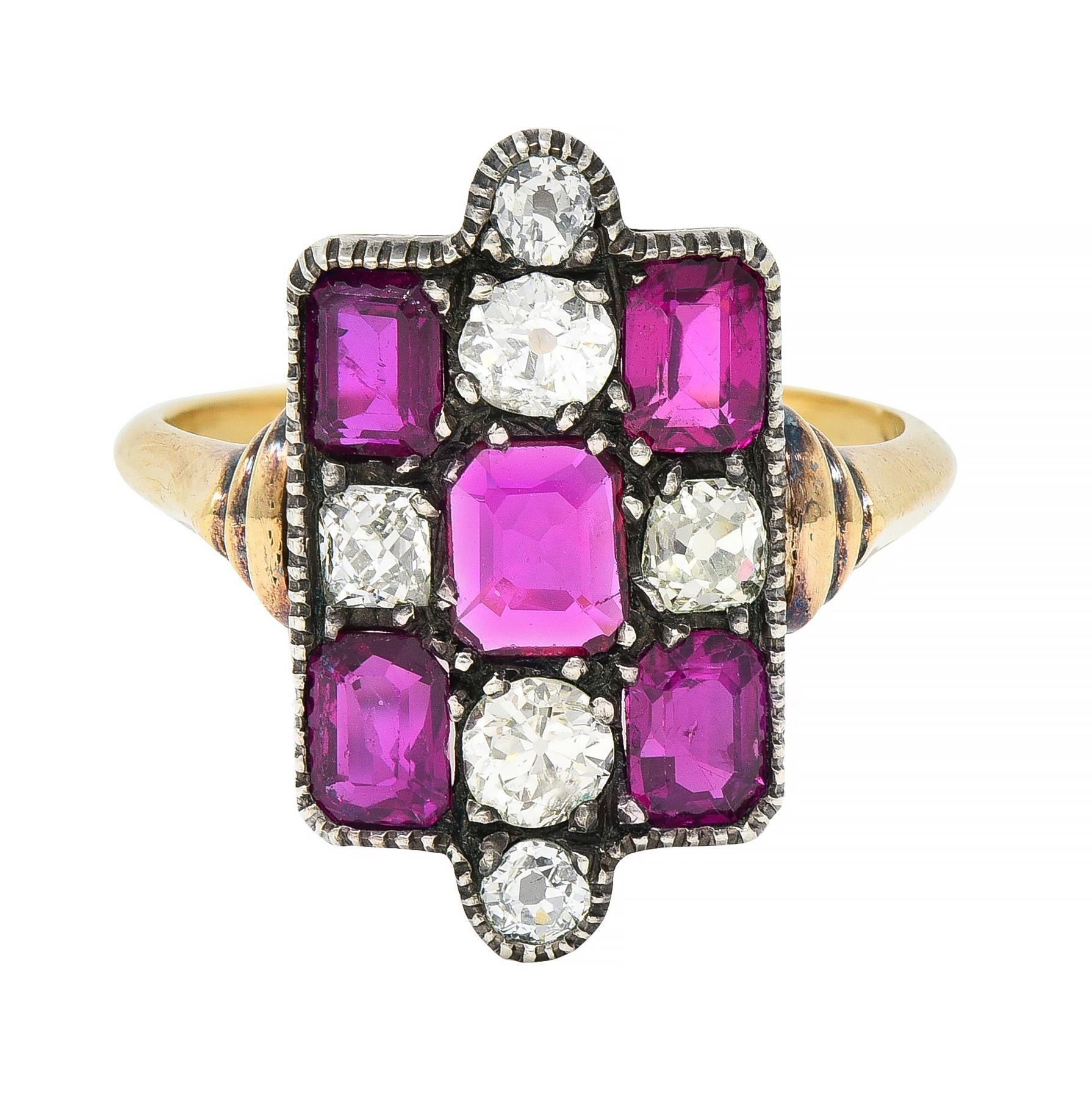 Victorian 3.74 CTW Diamond Ruby Silver 18 Karat Gold Checkerboard Navette Ring