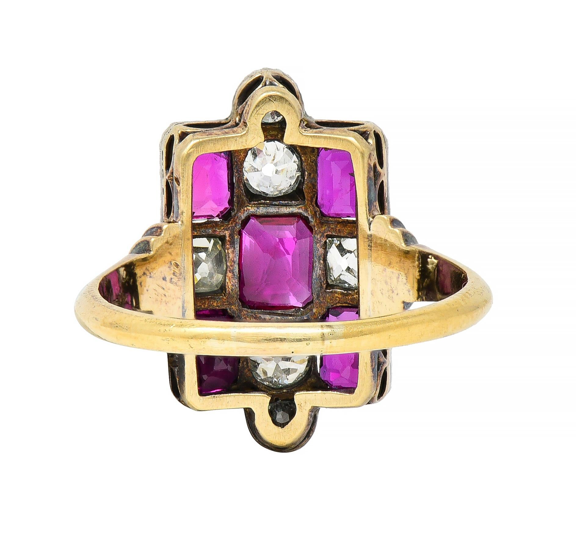 Victorian 3.74 CTW Diamond Ruby Silver 18 Karat Gold Checkerboard Navette Ring