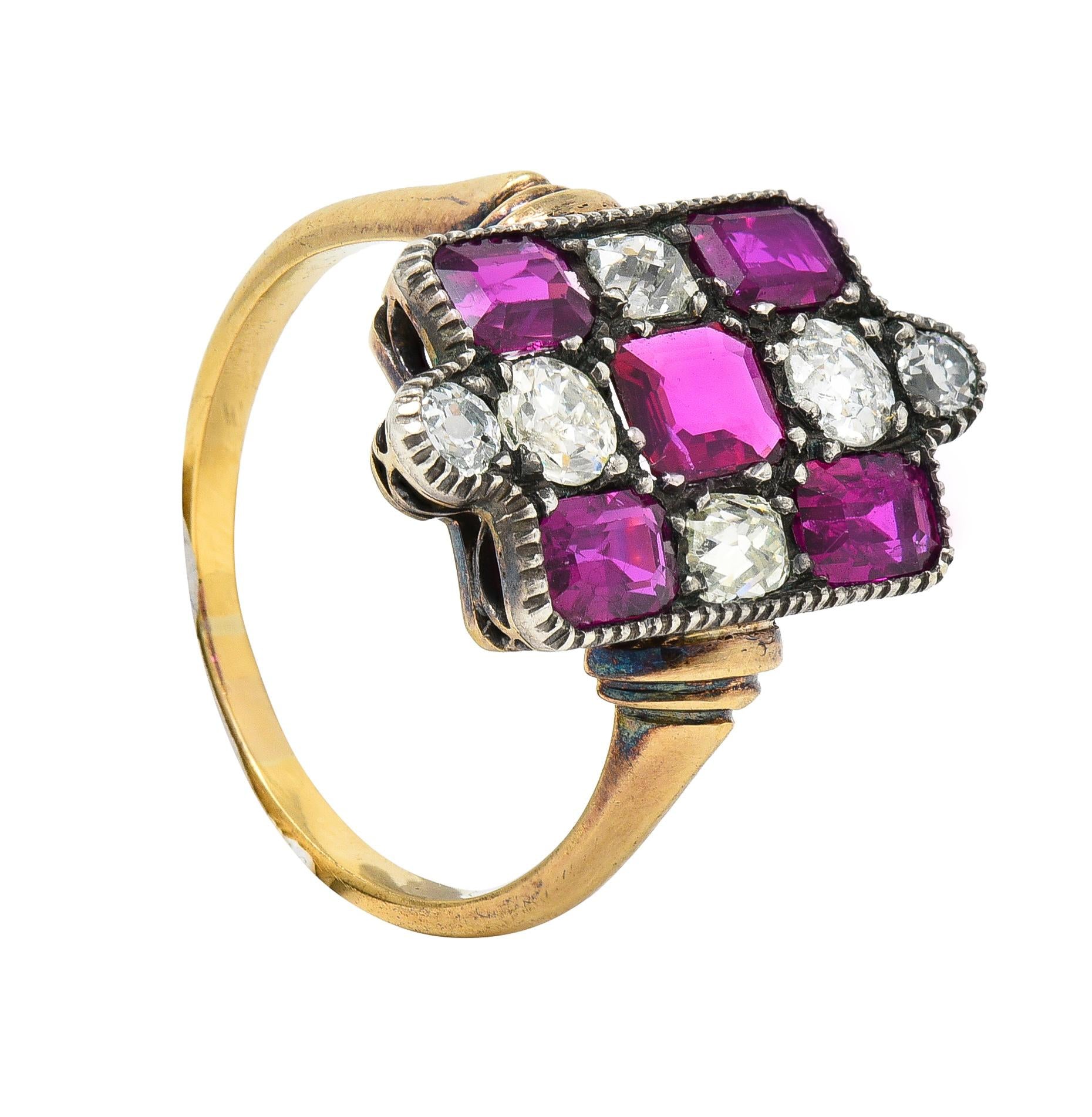 Victorian 3.74 CTW Diamond Ruby Silver 18 Karat Gold Checkerboard Navette Ring