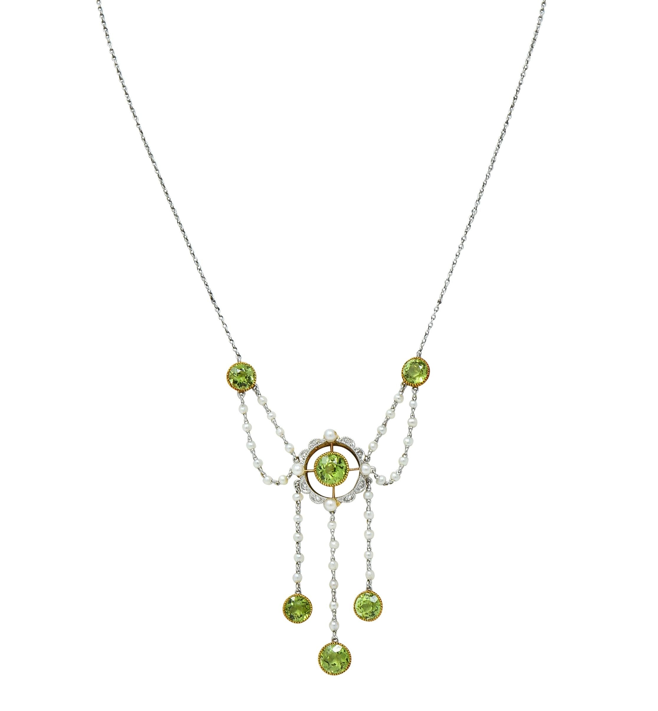 Edwardian Diamond Peridot Pearl Platinum 14 Karat Gold Swagged Fringe Necklace