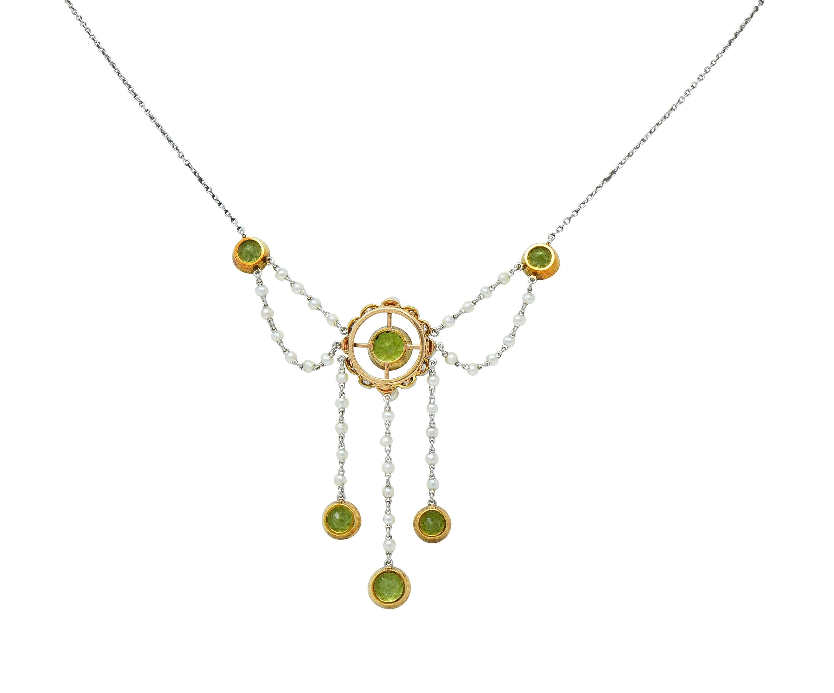 Edwardian Diamond Peridot Pearl Platinum 14 Karat Gold Swagged Fringe Necklace