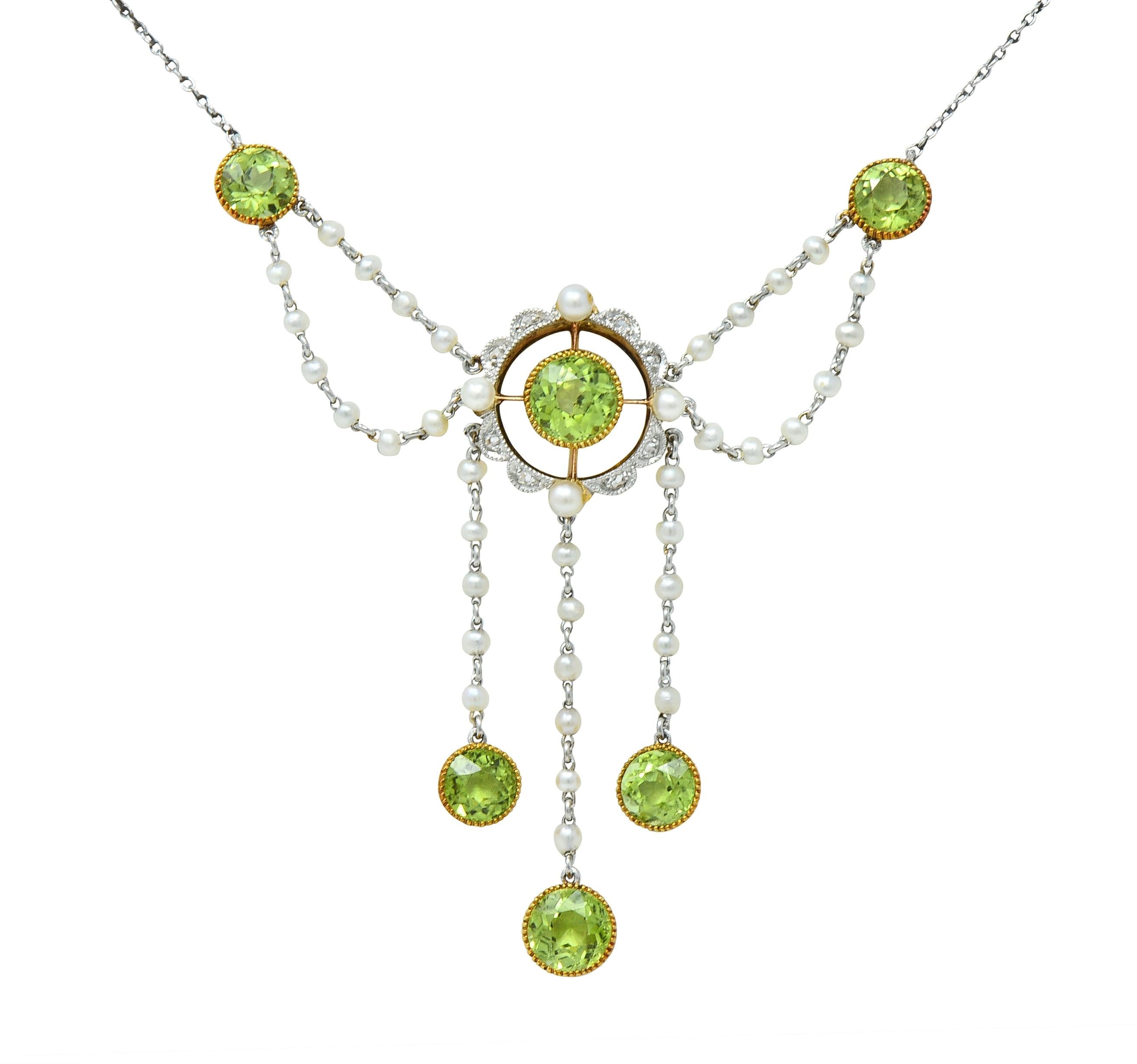 Edwardian Diamond Peridot Pearl Platinum 14 Karat Gold Swagged Fringe Necklace