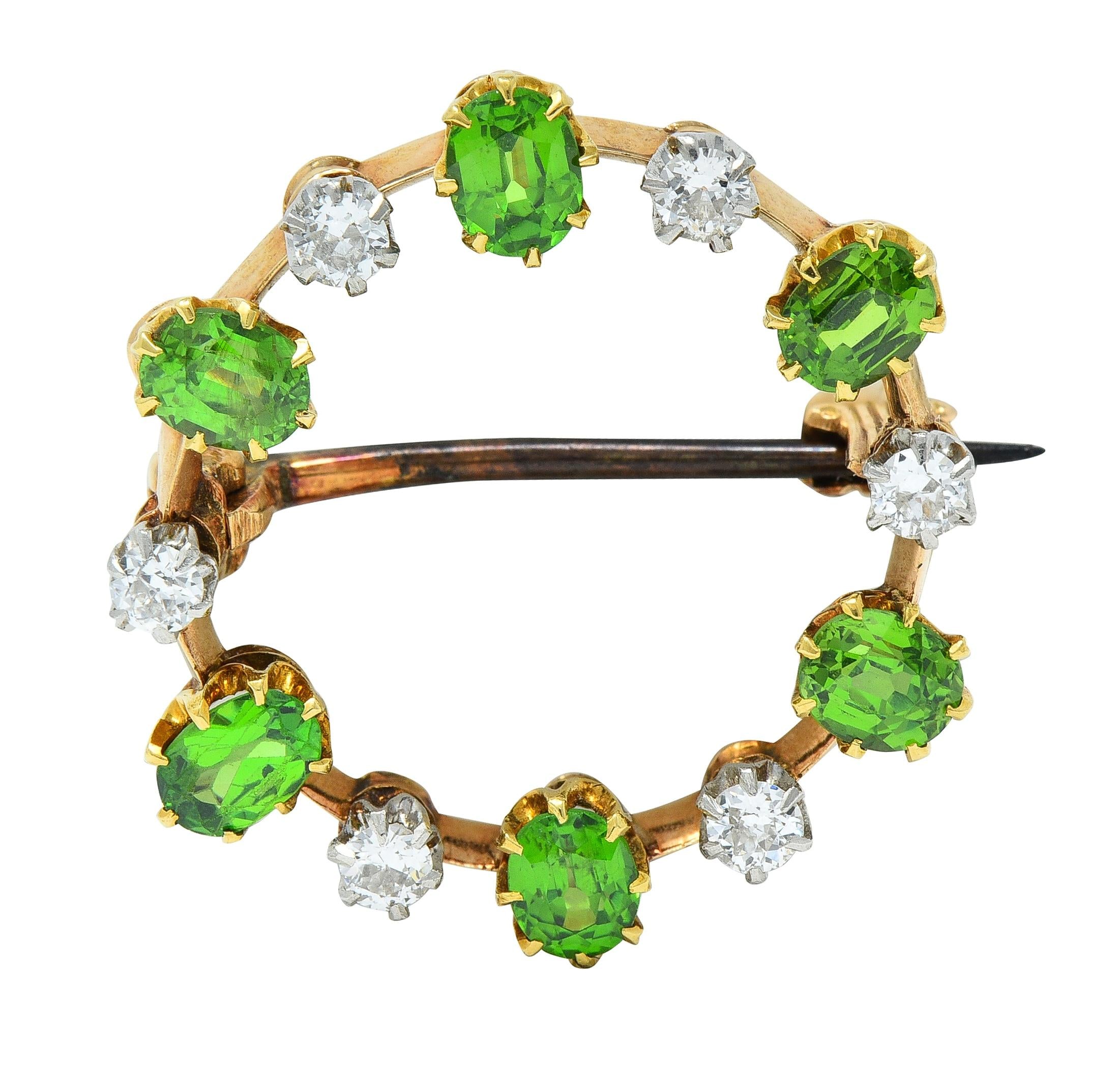 Edwardian 1.80 CTW Diamond Demantoid Garnet Platinum 14 Karat Gold Circle Brooch